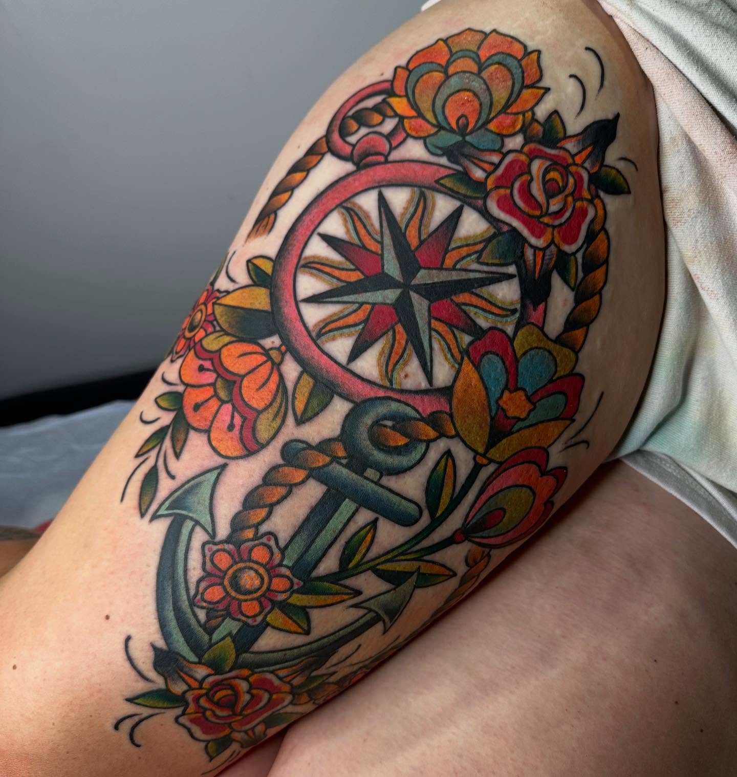 Anchor and compass American traditional tattoo on the thigh by Jenni Hand - Tattoo, Maryville, Tennessee