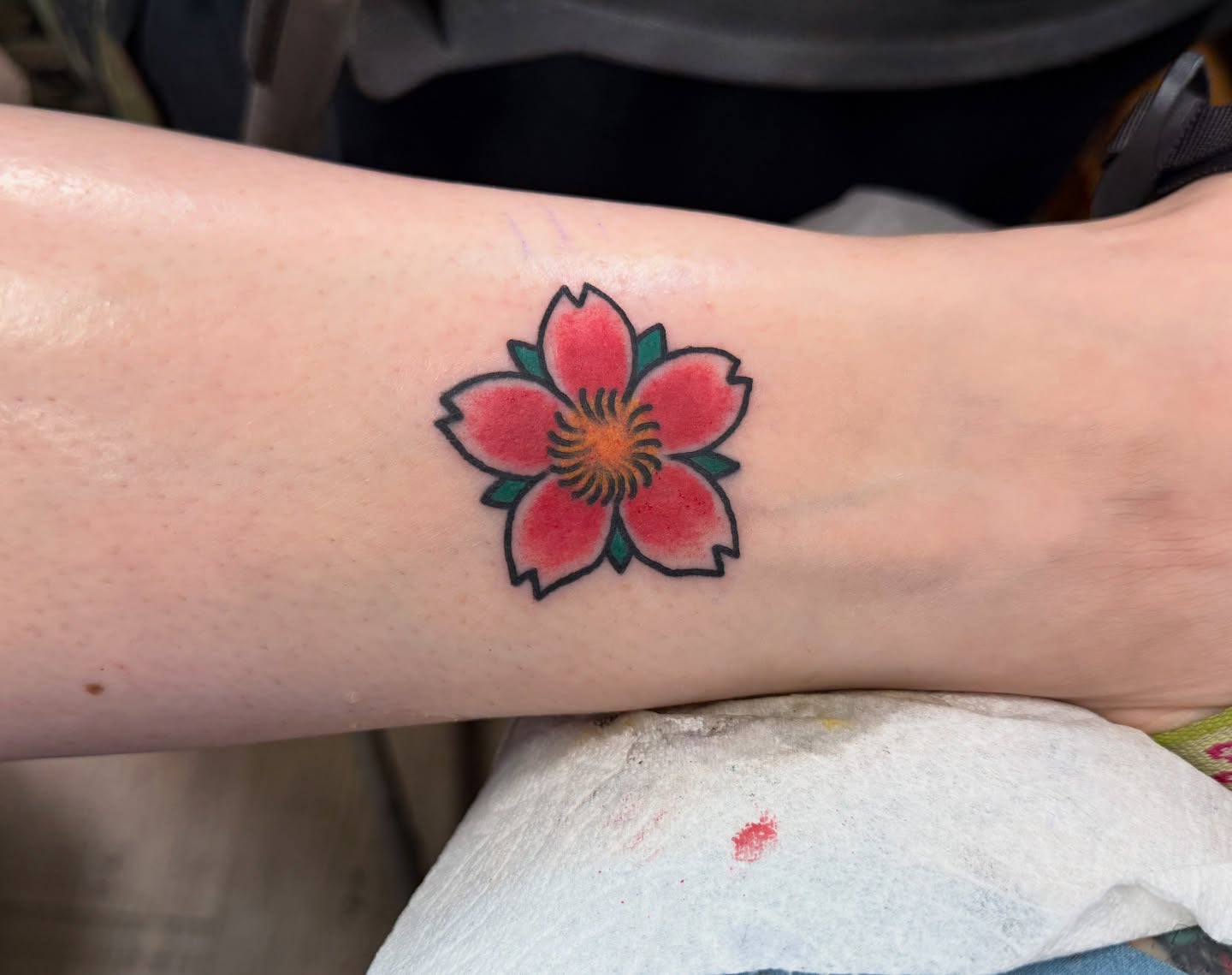 Cherry blossom American traditional tattoo on the forearm by Angus Perfect, Philadelphia, Pennsylvania