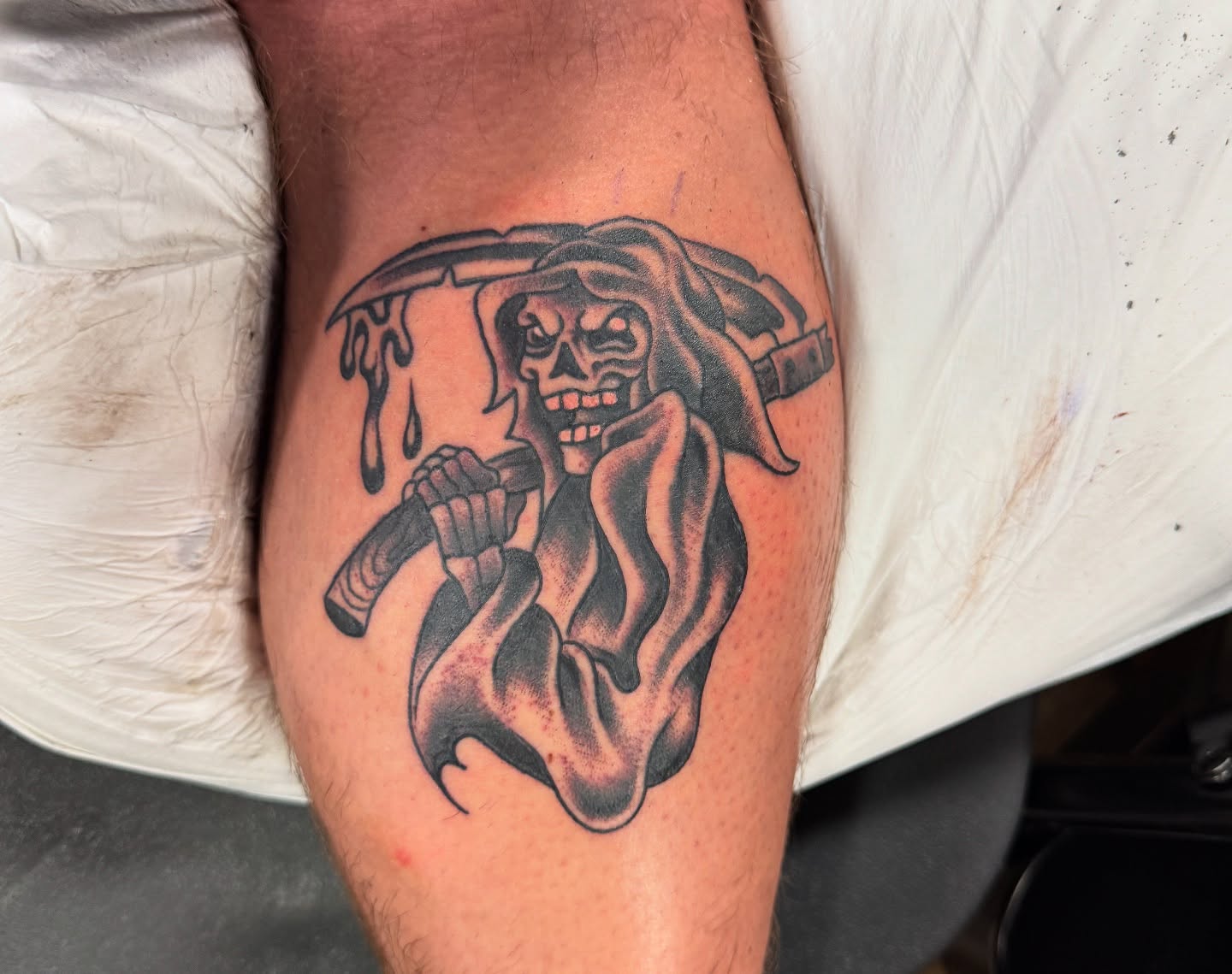 Grim reaper black and grey tattoo on the thigh by Angus Perfect, Philadelphia, Pennsylvania