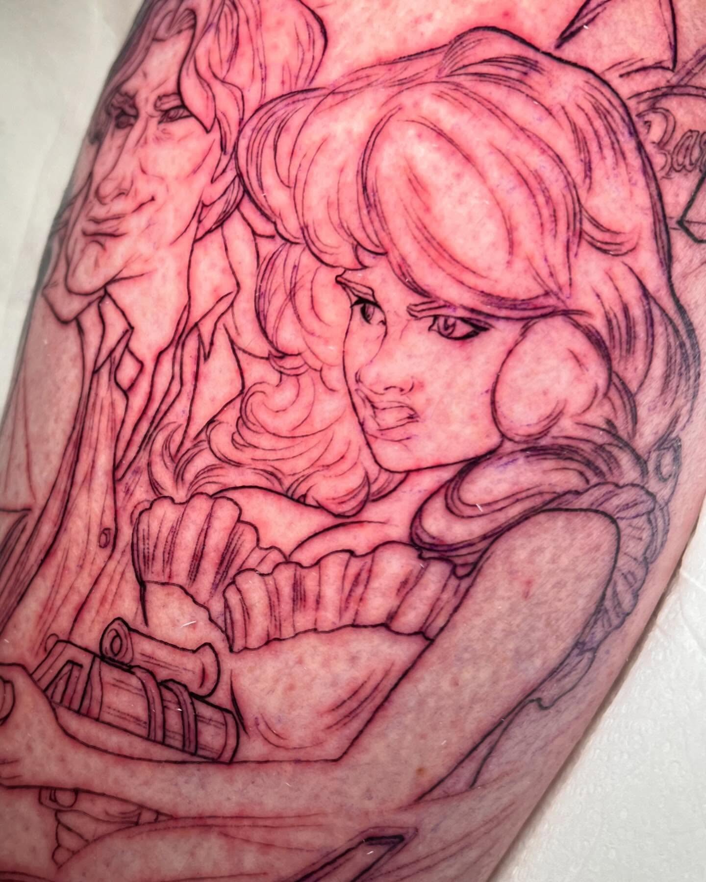 Girl with long hair black and grey tattoo on the forearm by Tim Stafford