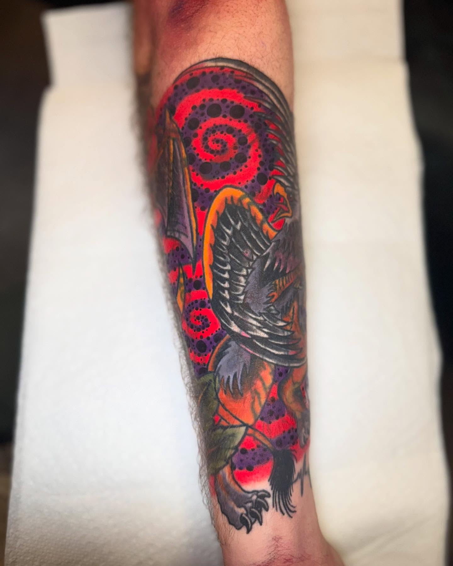 Bird dotwork tattoo on the forearm by Seth Walker