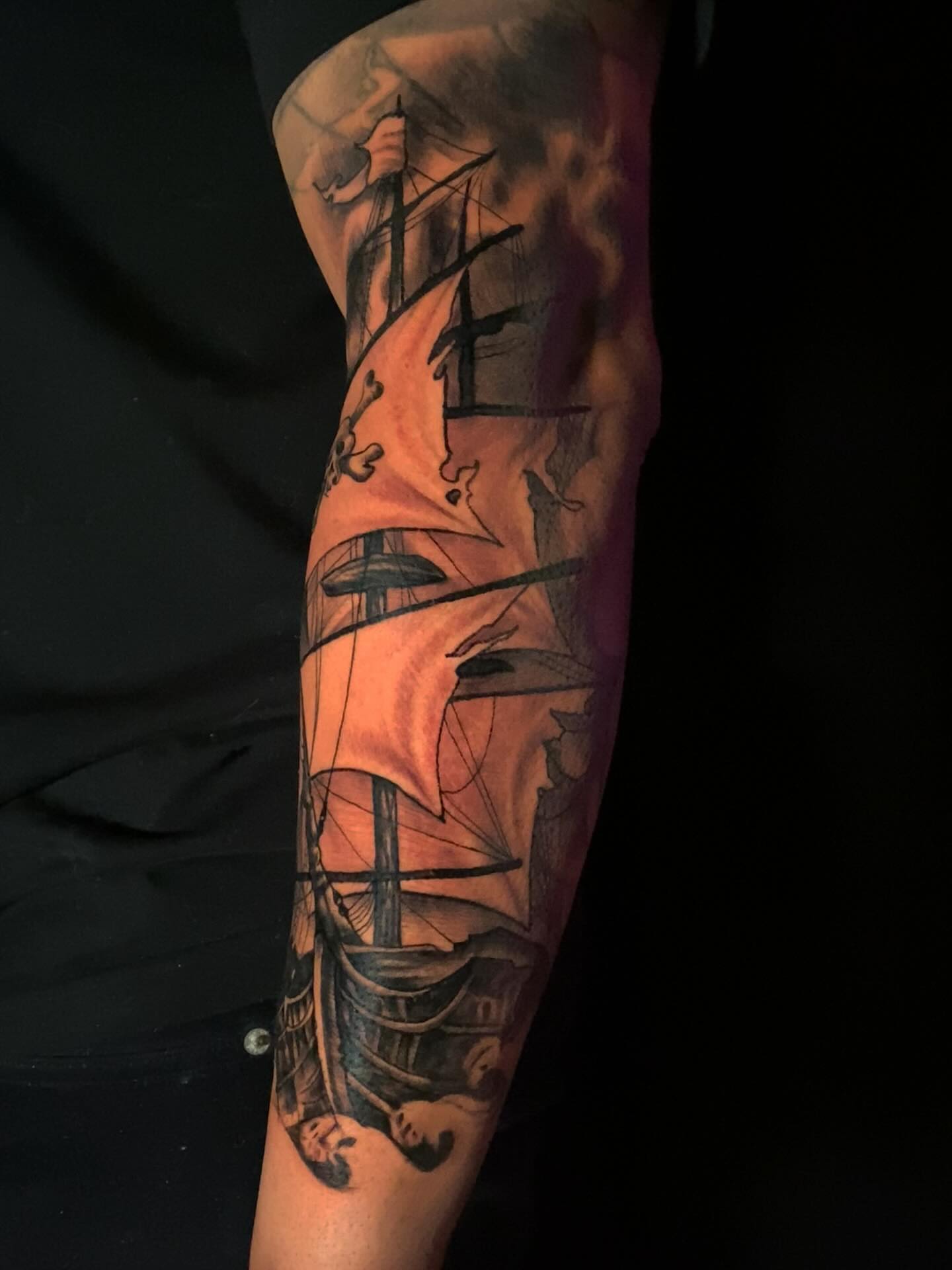 Ship black and grey tattoo on the forearm by Marquin π§π·
