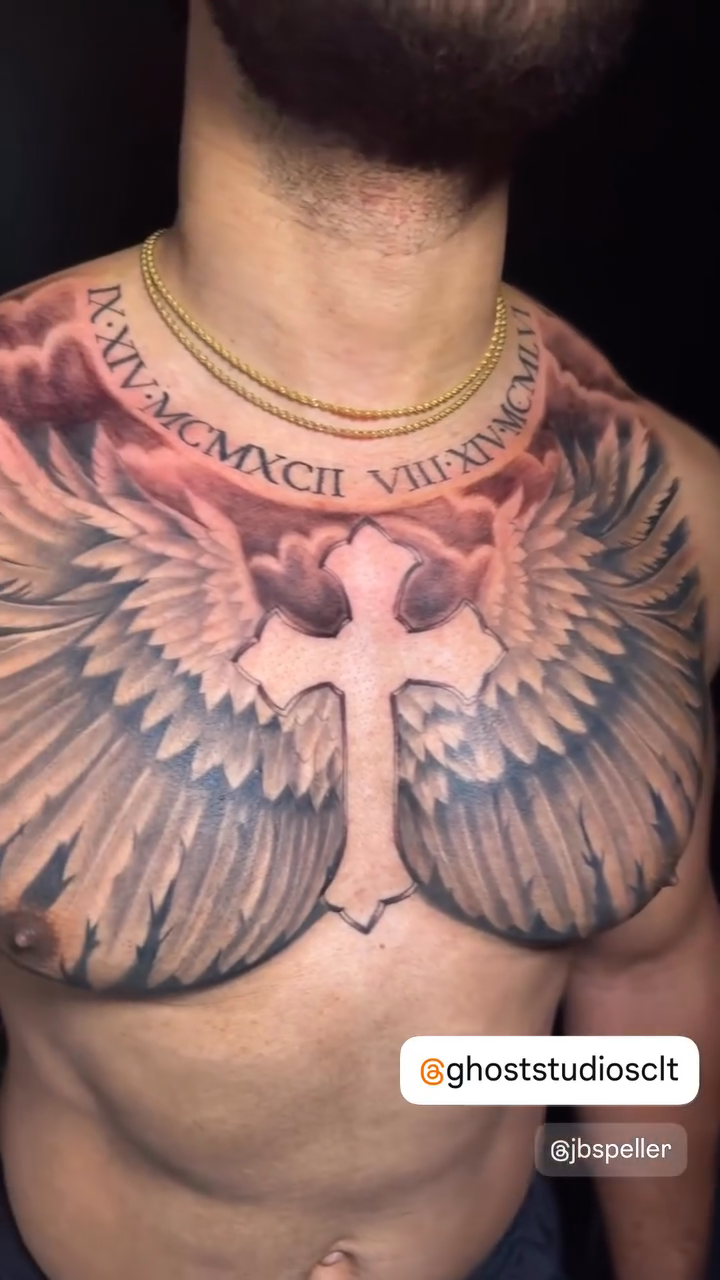Cross with wings and roman numerals realism tattoo by Charlotte Tattoo Artist