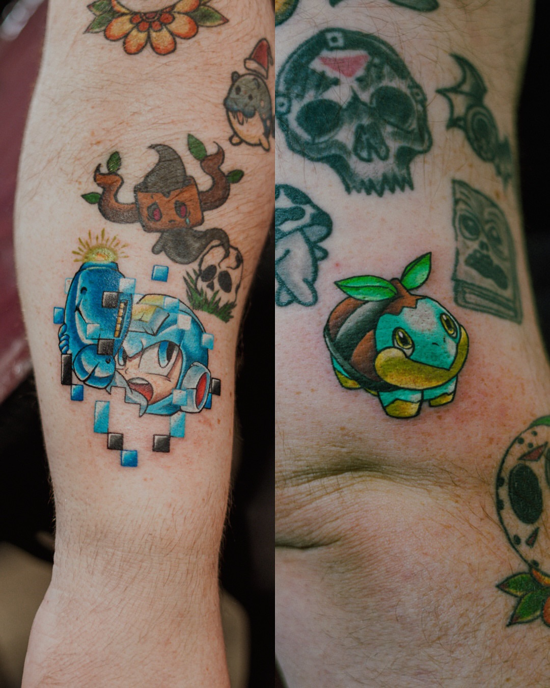 Pixelated character and Pokémon dotwork tattoo on the forearm by Damon Moore