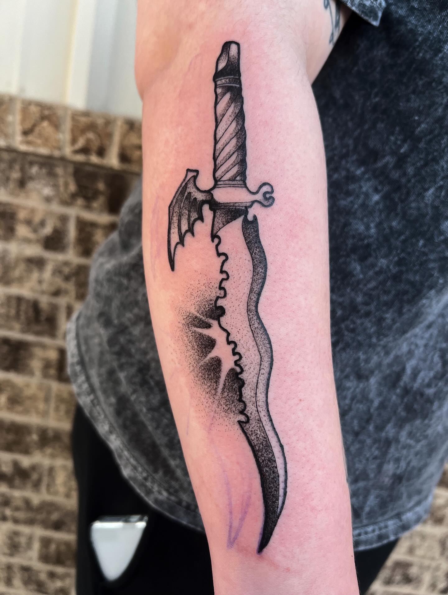 Knife dotwork tattoo on the forearm by ty ☆ nbtx tattoo artist