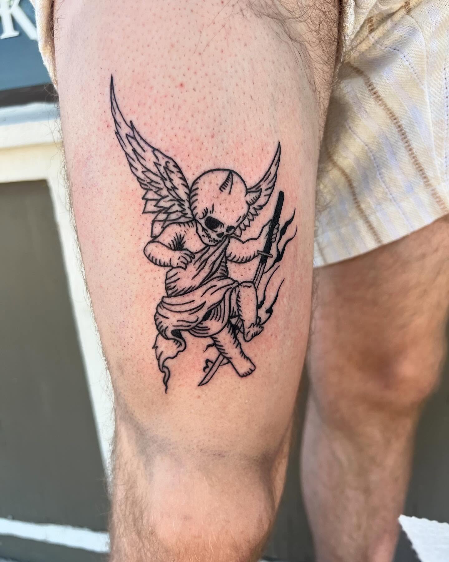 Cherub skeleton American traditional tattoo on the forearm by Jai Woods