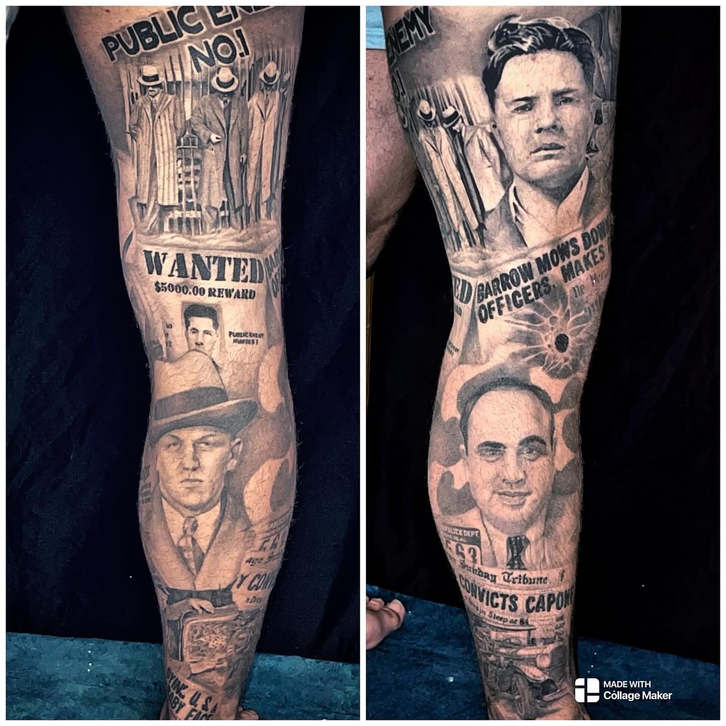 Gangster wanted poster realism tattoo on the forearm by Josh Williams, Chattanooga, Tennessee