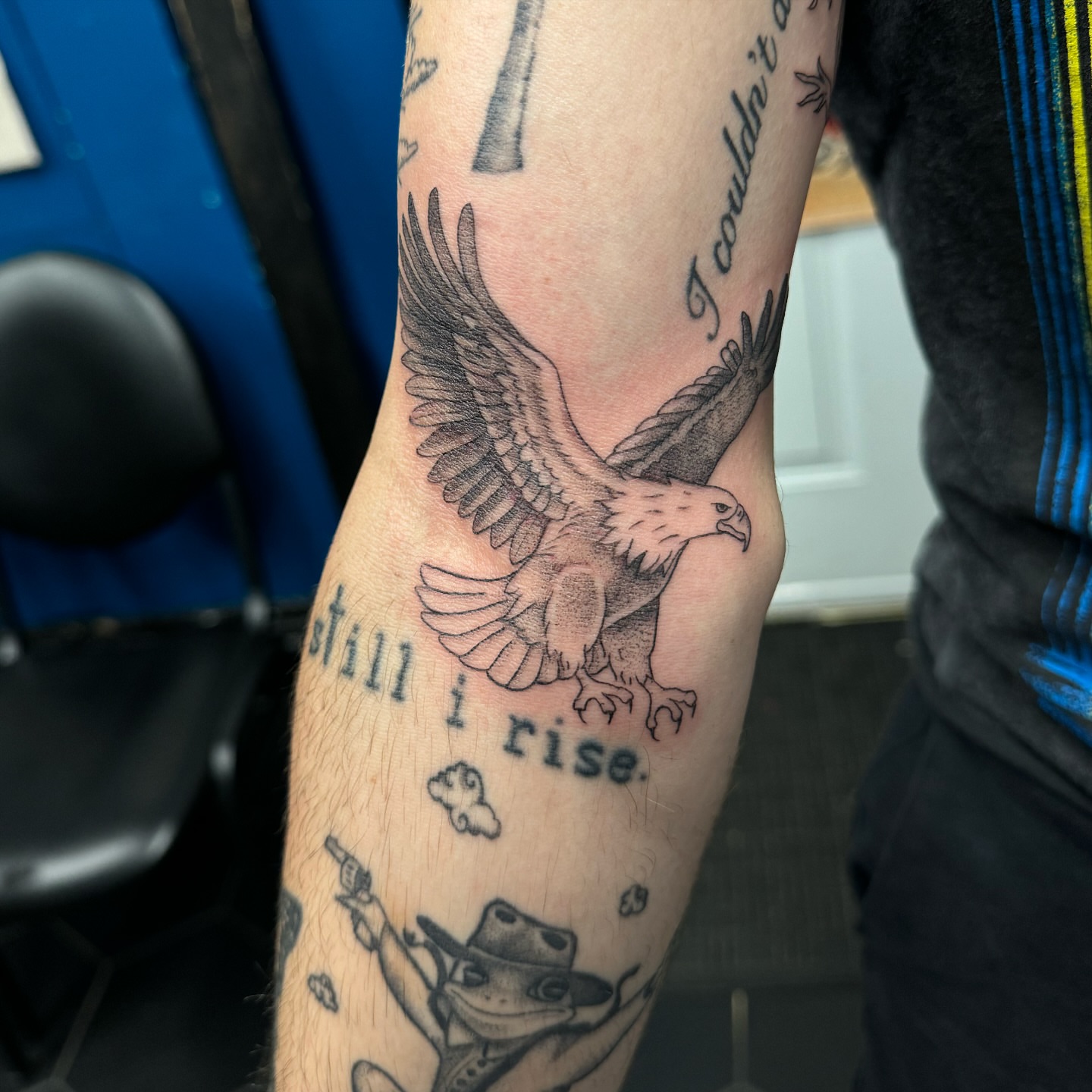 Eagle black and grey tattoo on the forearm by Shannon, Cincinnati, Ohio