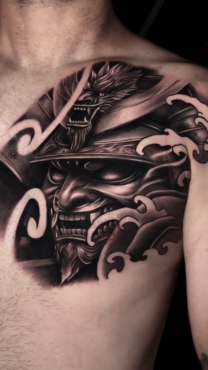 Samurai mask and waves japanese irezumi tattoo by Michael Sosa
