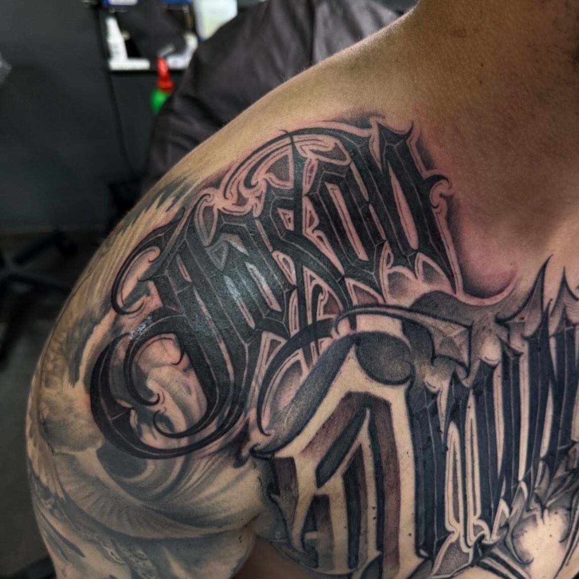 Tattoo by @dopeletterstattoo — black_and_grey, lettering_script