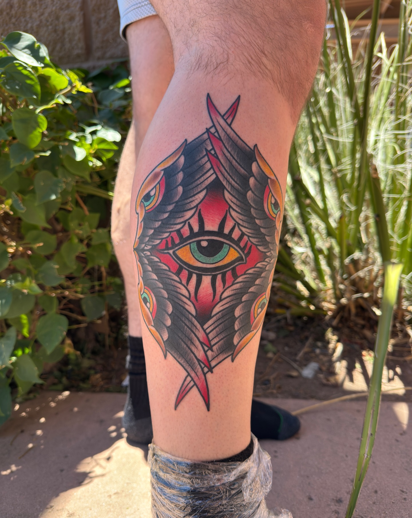 Owl American traditional tattoo on the leg by Donovan hernandez