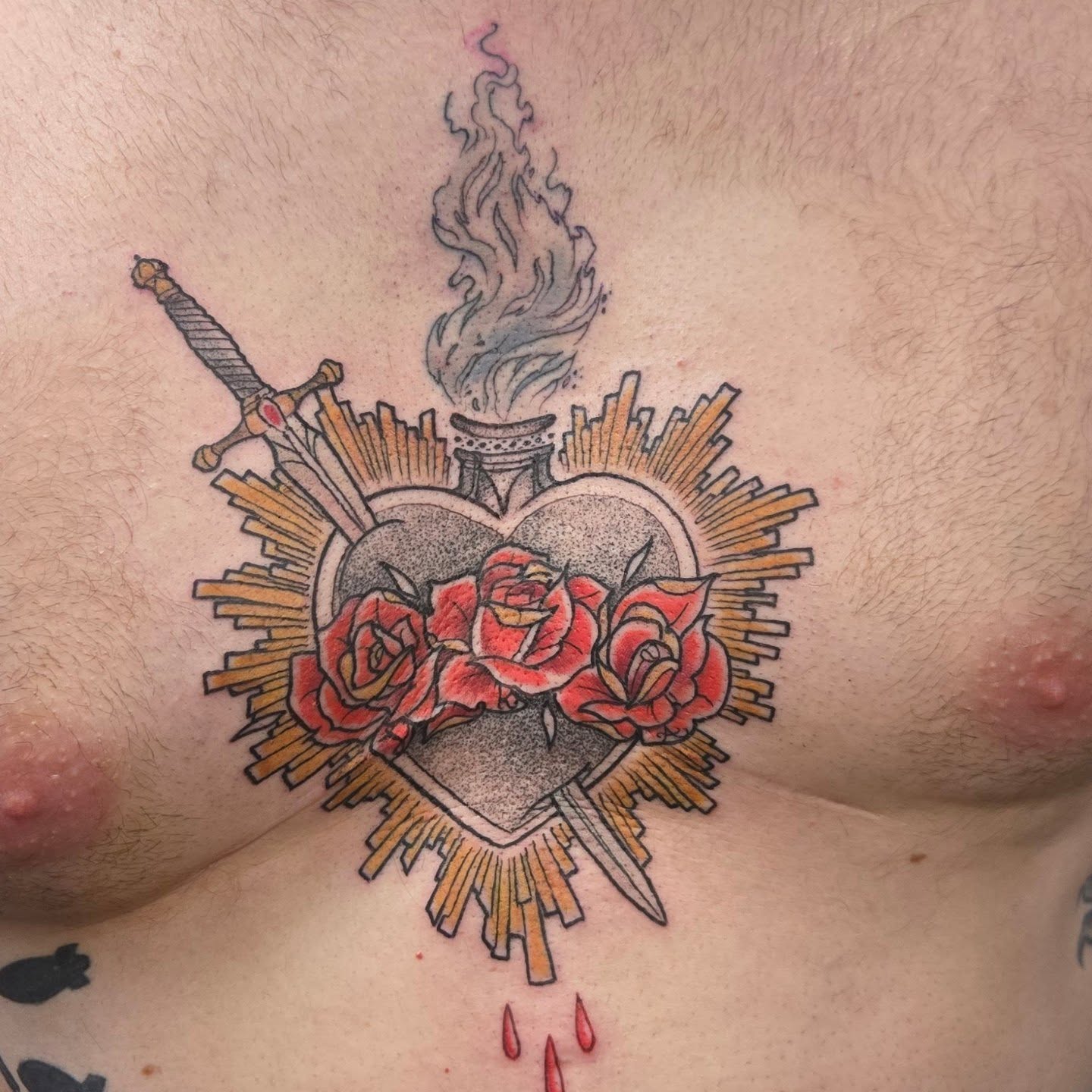Heart with roses dotwork tattoo on the chest by Jamie Clinton