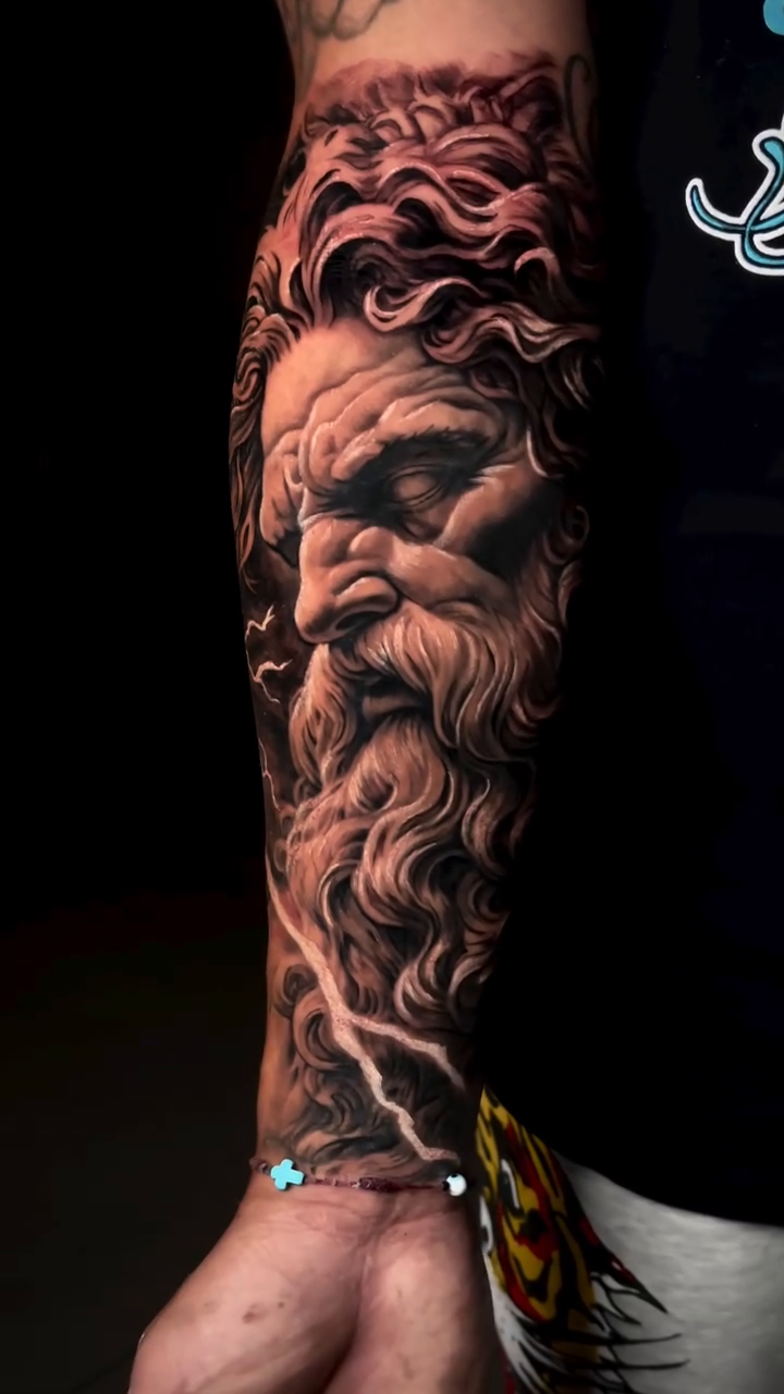 Zeus portrait realism tattoo by Claude Steven Estrada, Las Vegas, Nevada