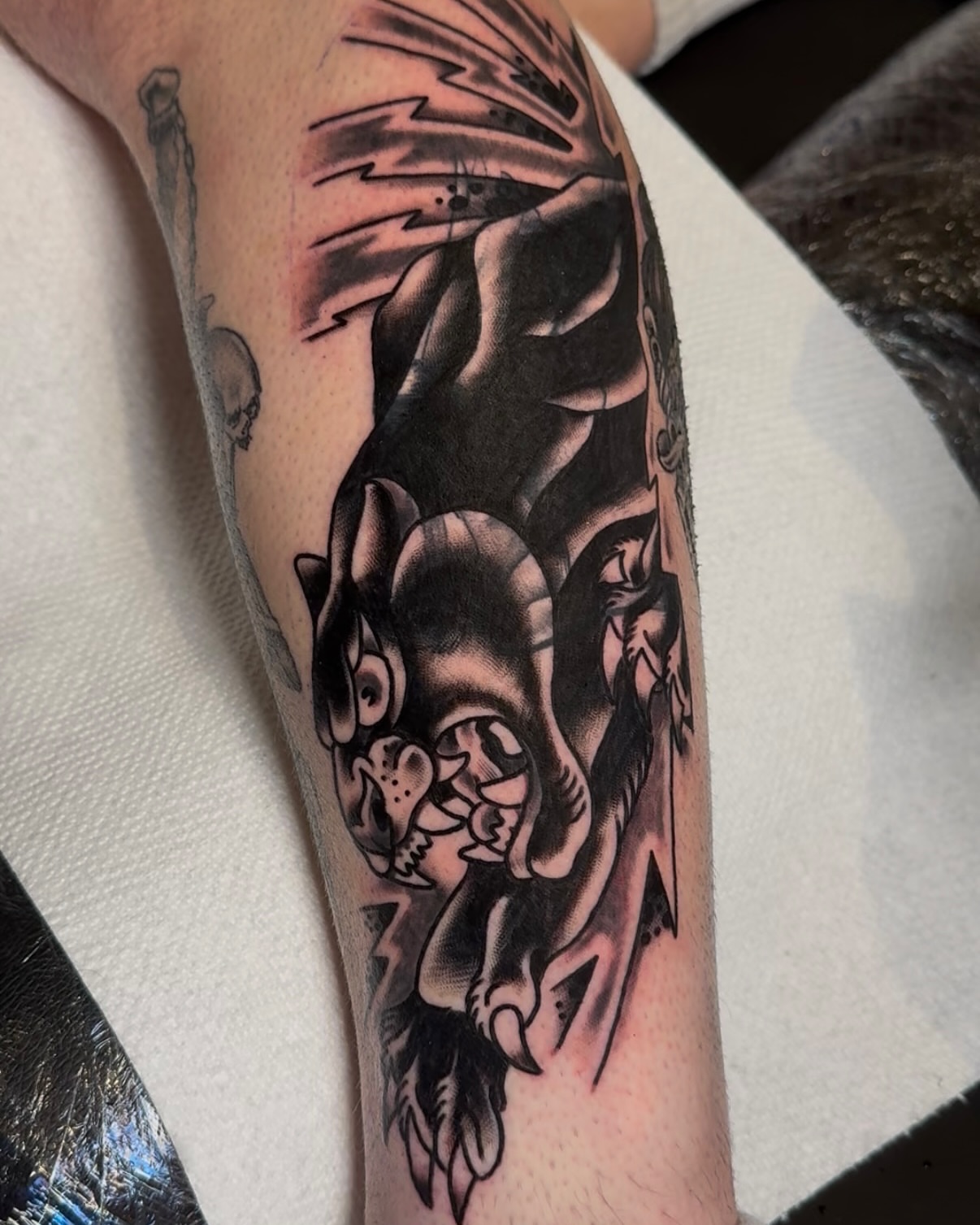 Bull American traditional tattoo on the forearm by πππ’π―π’π¨ πππΆπ©π¬π―π, Manchester, New Hampshire