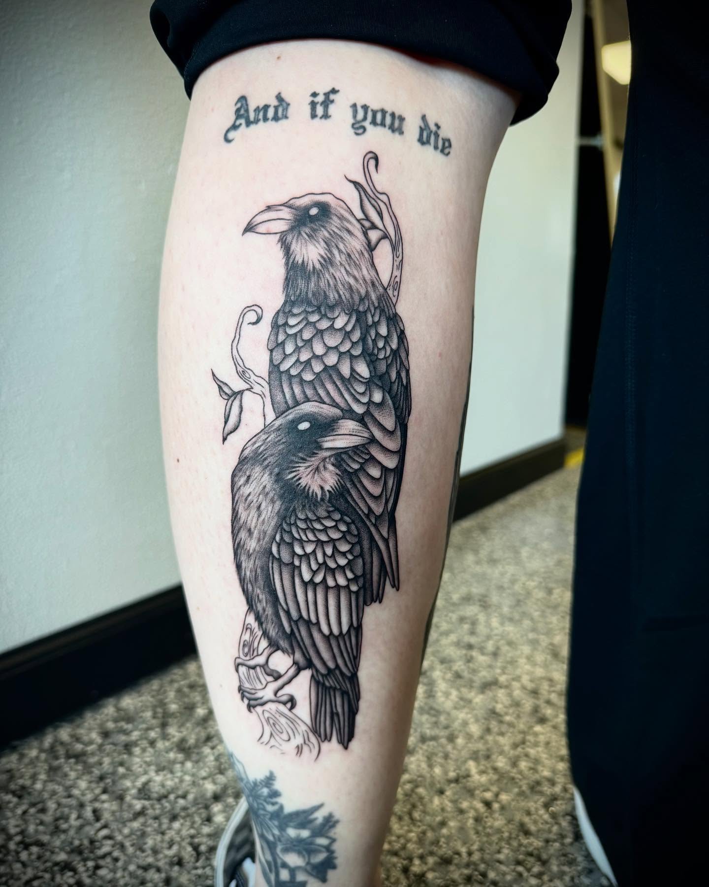 Ravens realism tattoo on the forearm by oh hey, robin.