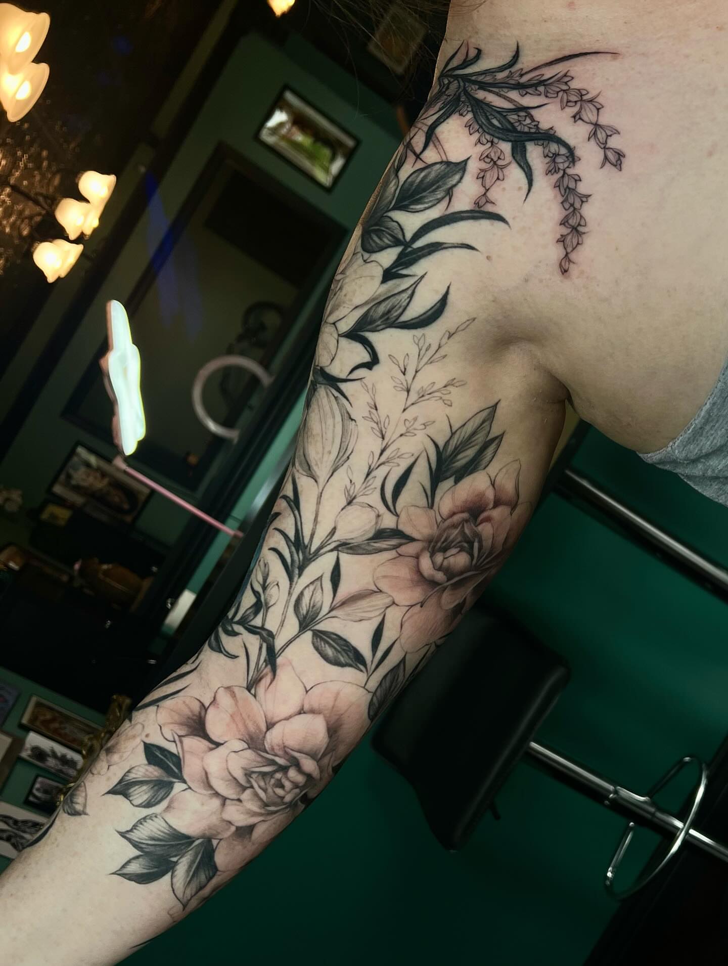 Floral bouquet black and grey tattoo on the forearm by ༒ boniandi༒