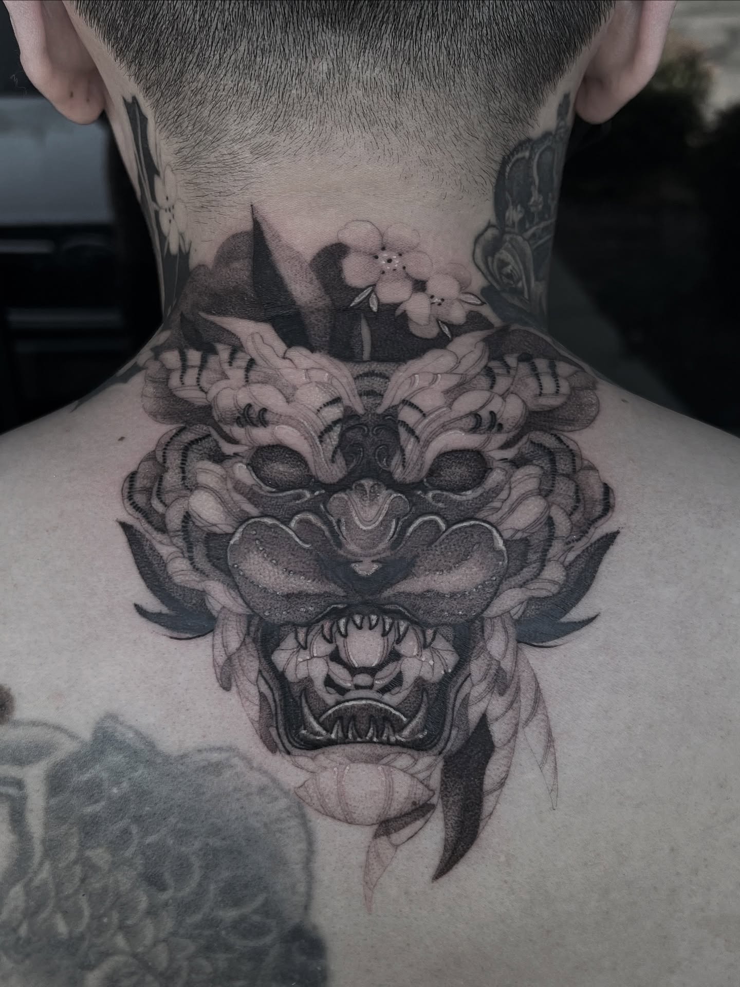 Demon mask realism tattoo on the neck by Joshua Hung, Alhambra, California