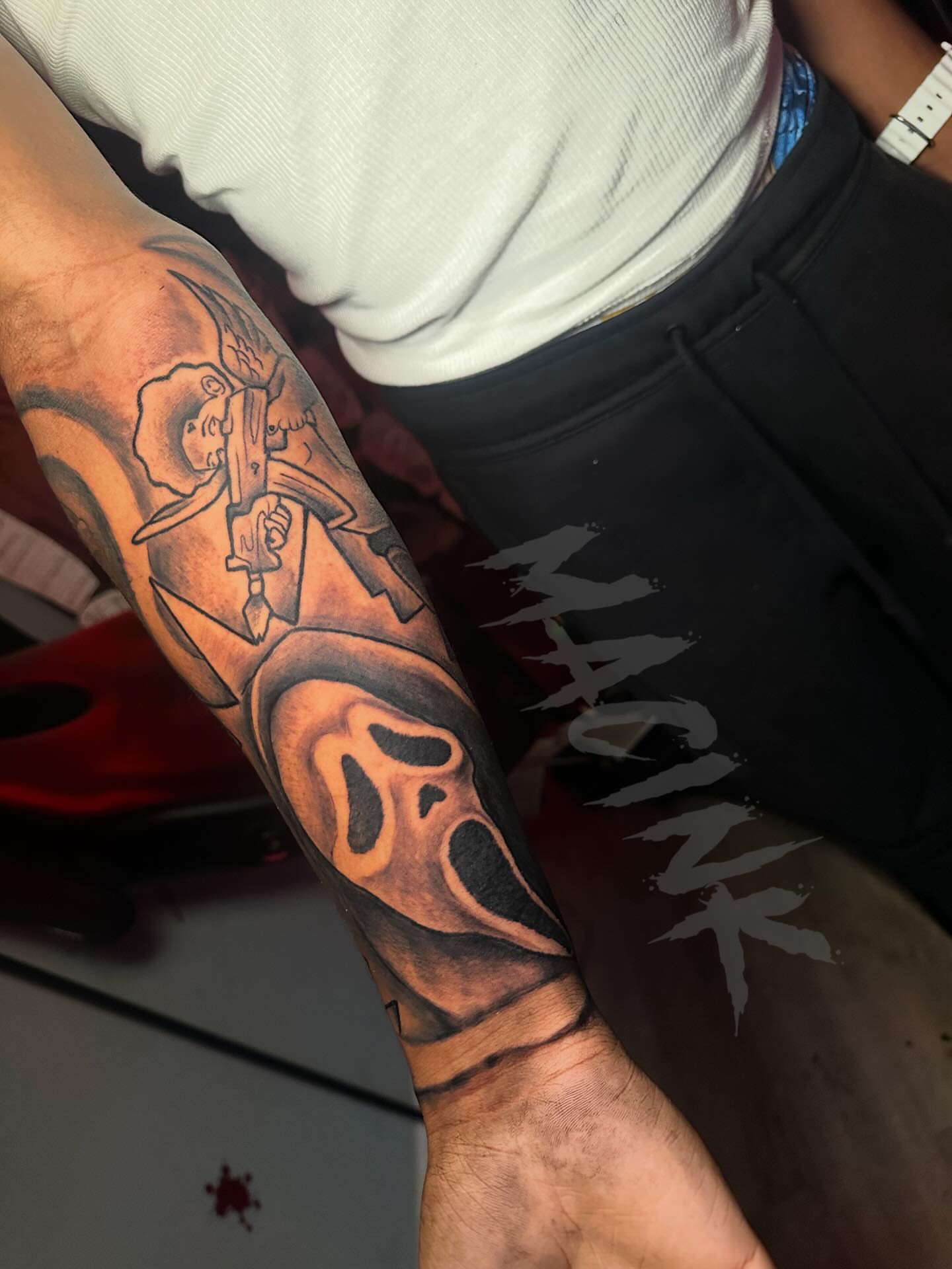 Ghost mask realism tattoo on the forearm by ATL Tattoo Artist💲