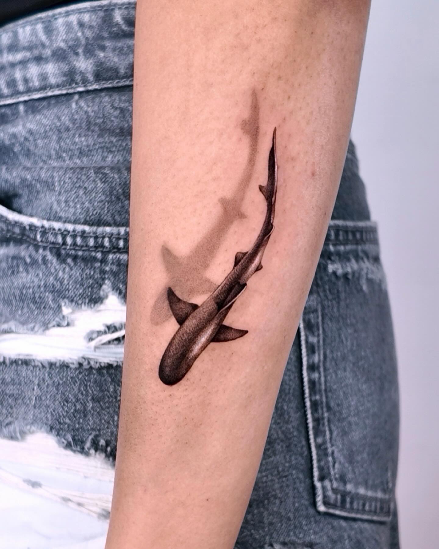 Shark realism tattoo on the forearm by Gabriel