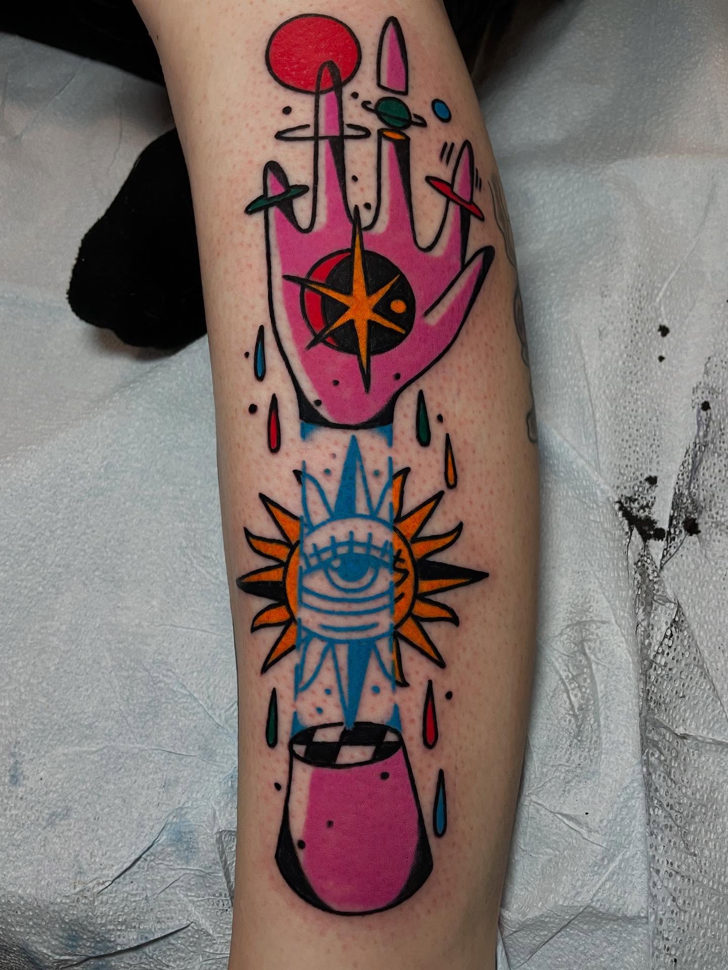 Astronaut hand geometric tattoo on the forearm by Jacob, Marion, Illinois