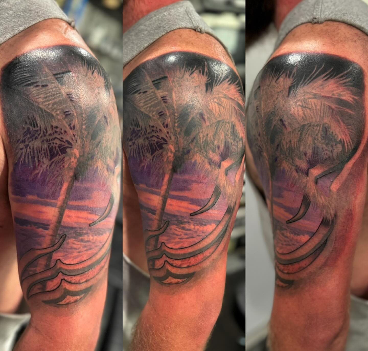 Sunset with palm trees realism tattoo on the forearm by marcus labonne