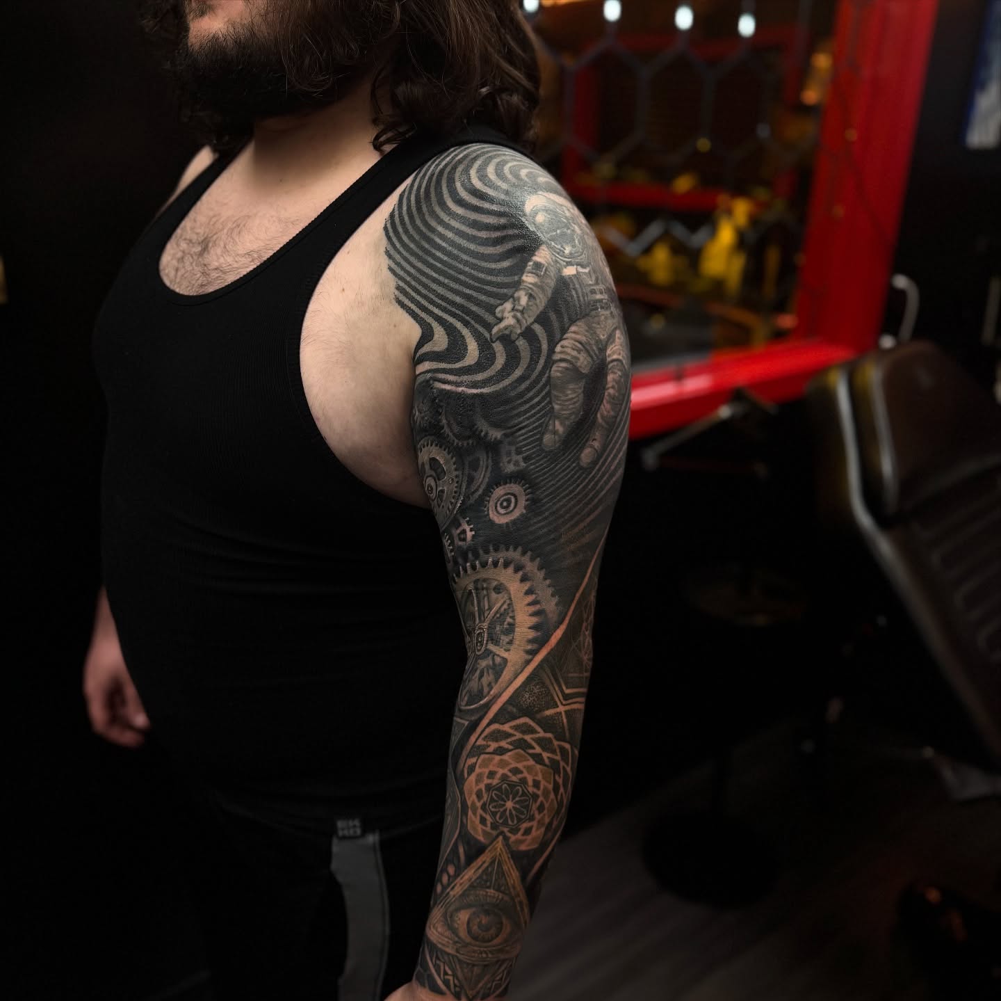 Tattoo by @jordanrookustattoo — black_and_grey, geometric