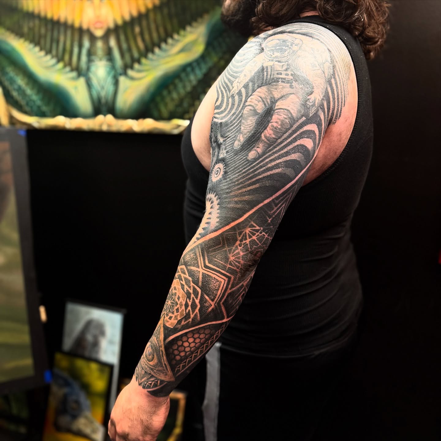 Tattoo by @jordanrookustattoo — black_and_grey, geometric