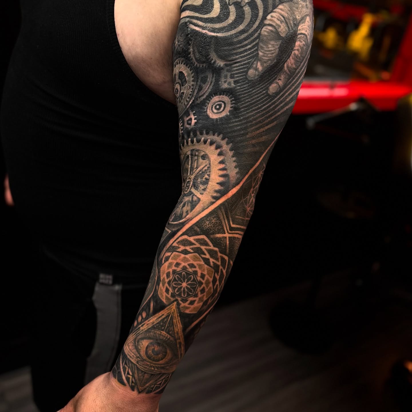 Mechanical gears and patterns geometric tattoo on the forearm by Jordan Rookus
