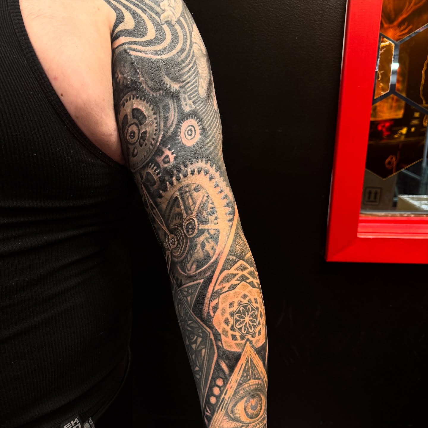 Tattoo by @jordanrookustattoo — geometric, black_and_grey