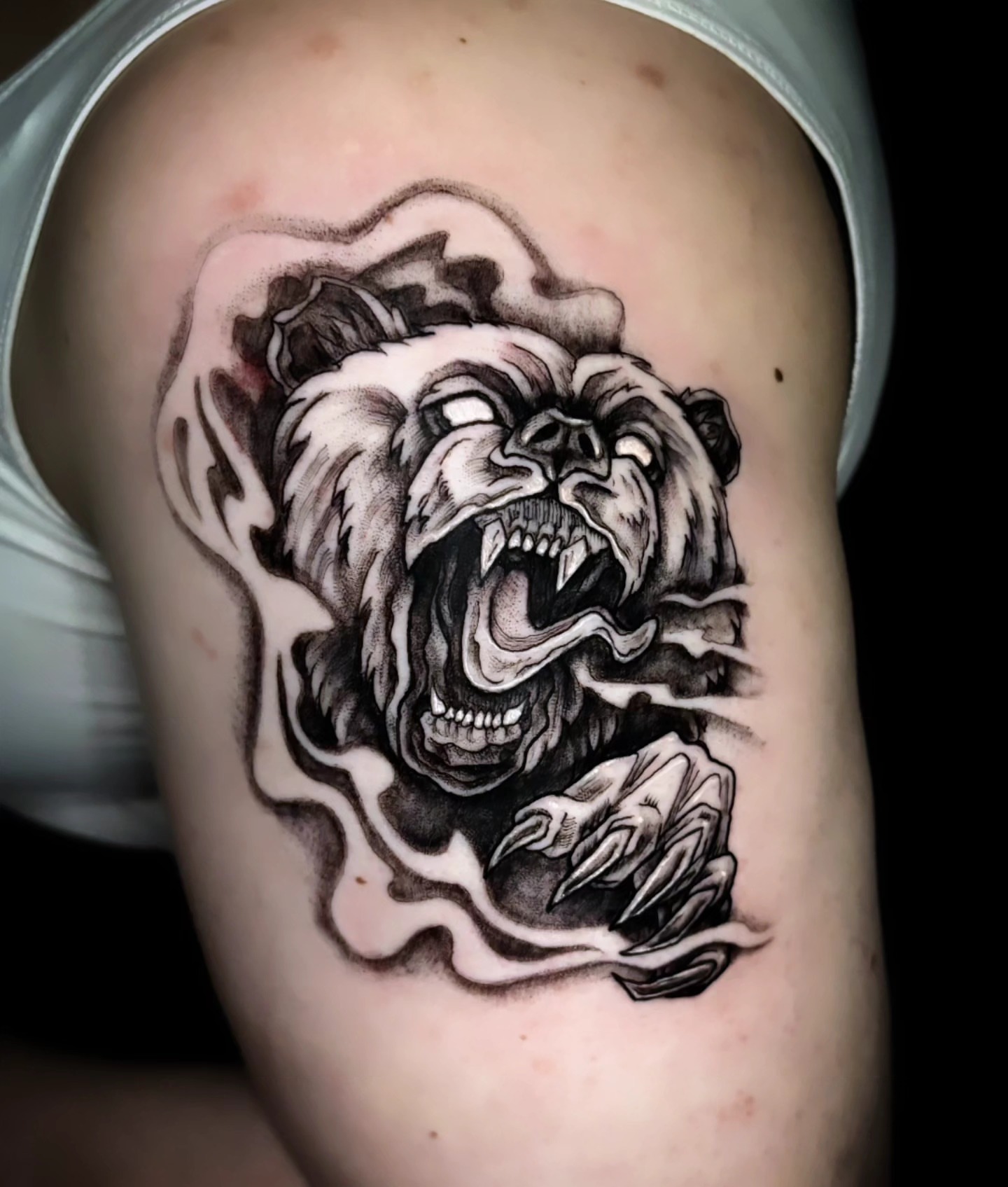 Tattoo by @ladymonsterfacetattoos — black_and_grey
