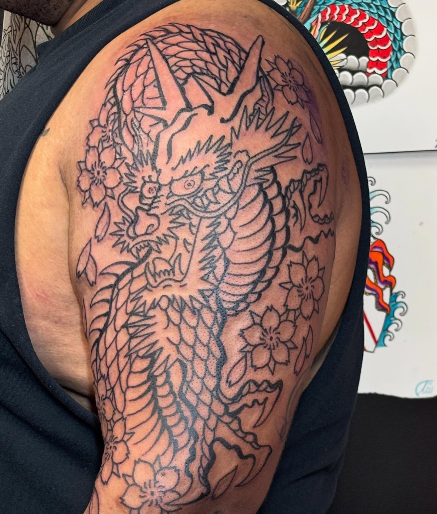 Dragon japanese irezumi tattoo on the shoulder by Tyler Whalen