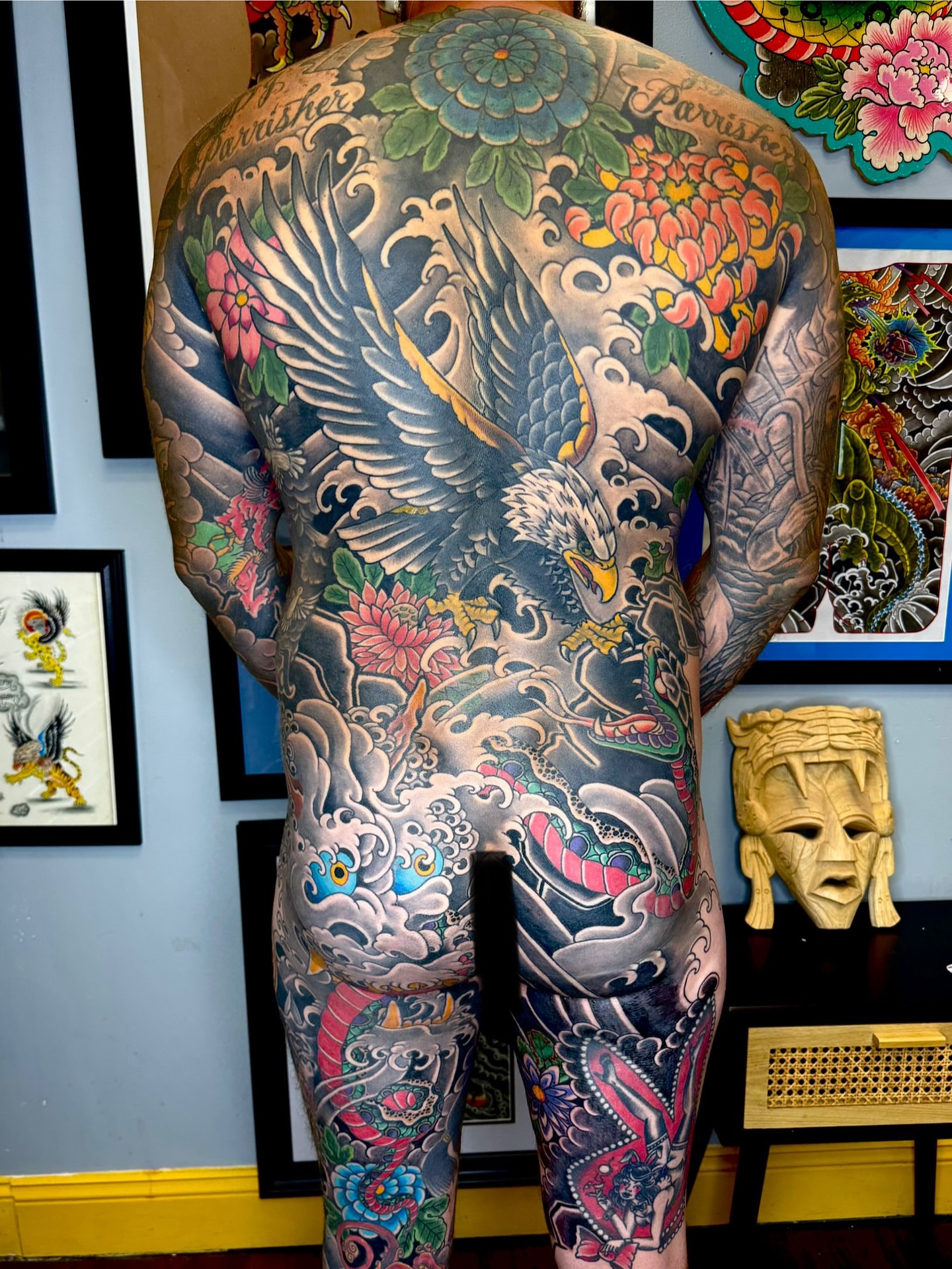 Eagle and waves japanese irezumi tattoo on the back by Leif Hansen