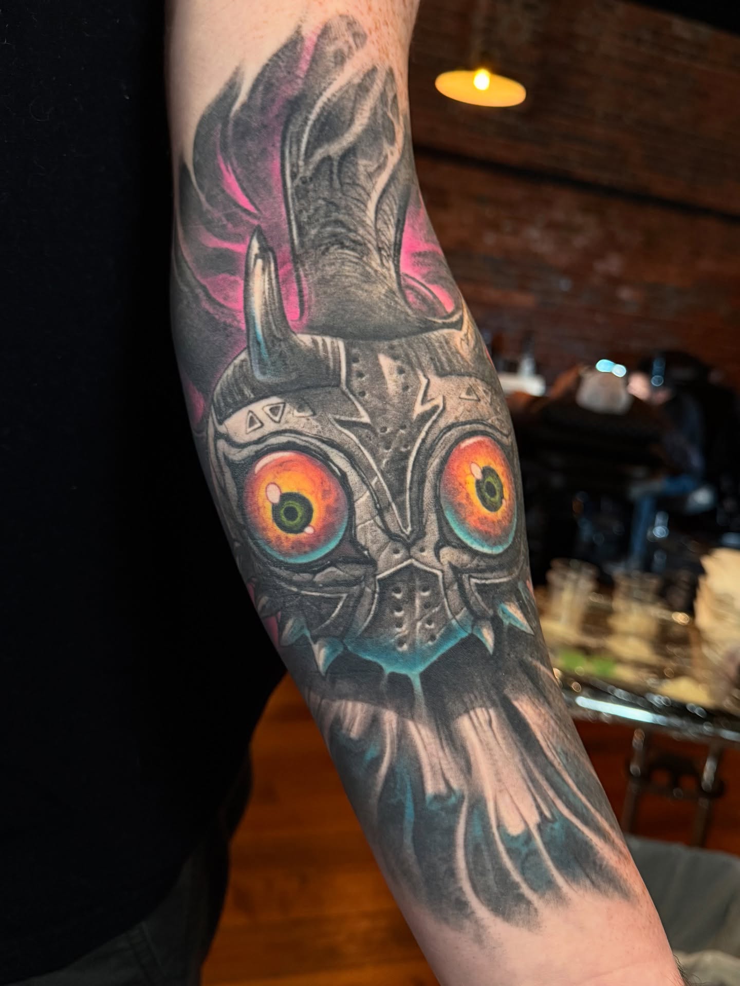 Owl mask realism tattoo on the forearm by Brandon Herrera
