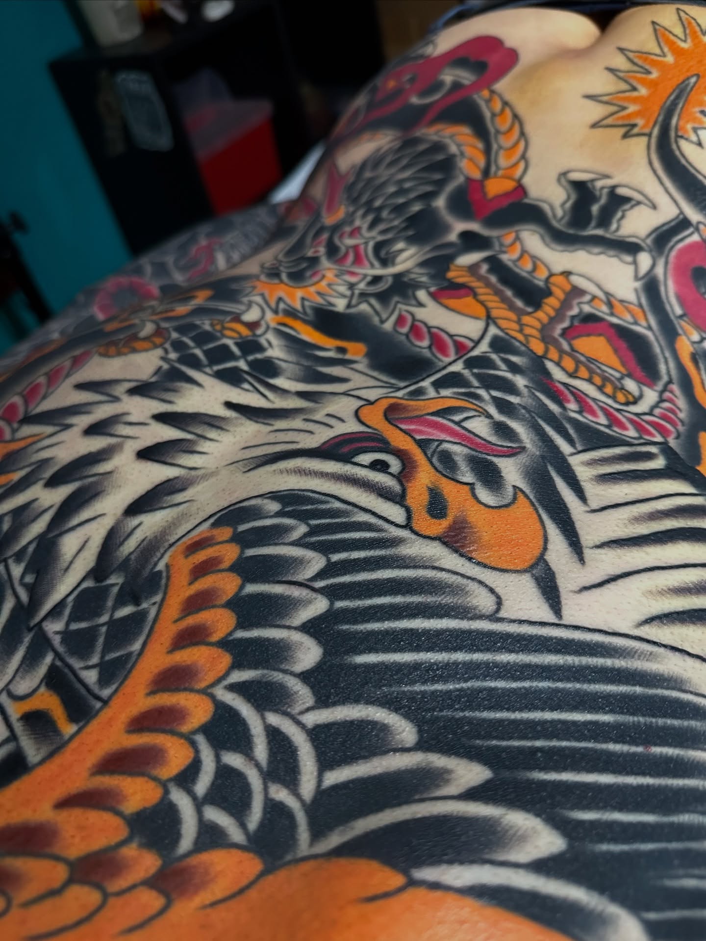 Eagle American traditional tattoo on the upper arm by Scott Allen Cooksey, Plano, Texas