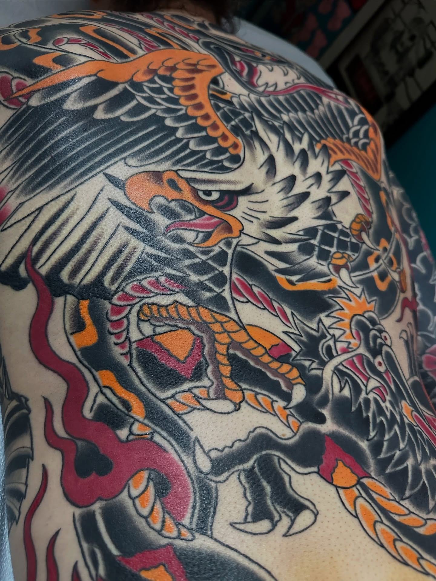 Eagle American traditional tattoo on the back by Scott Allen Cooksey, Plano, Texas