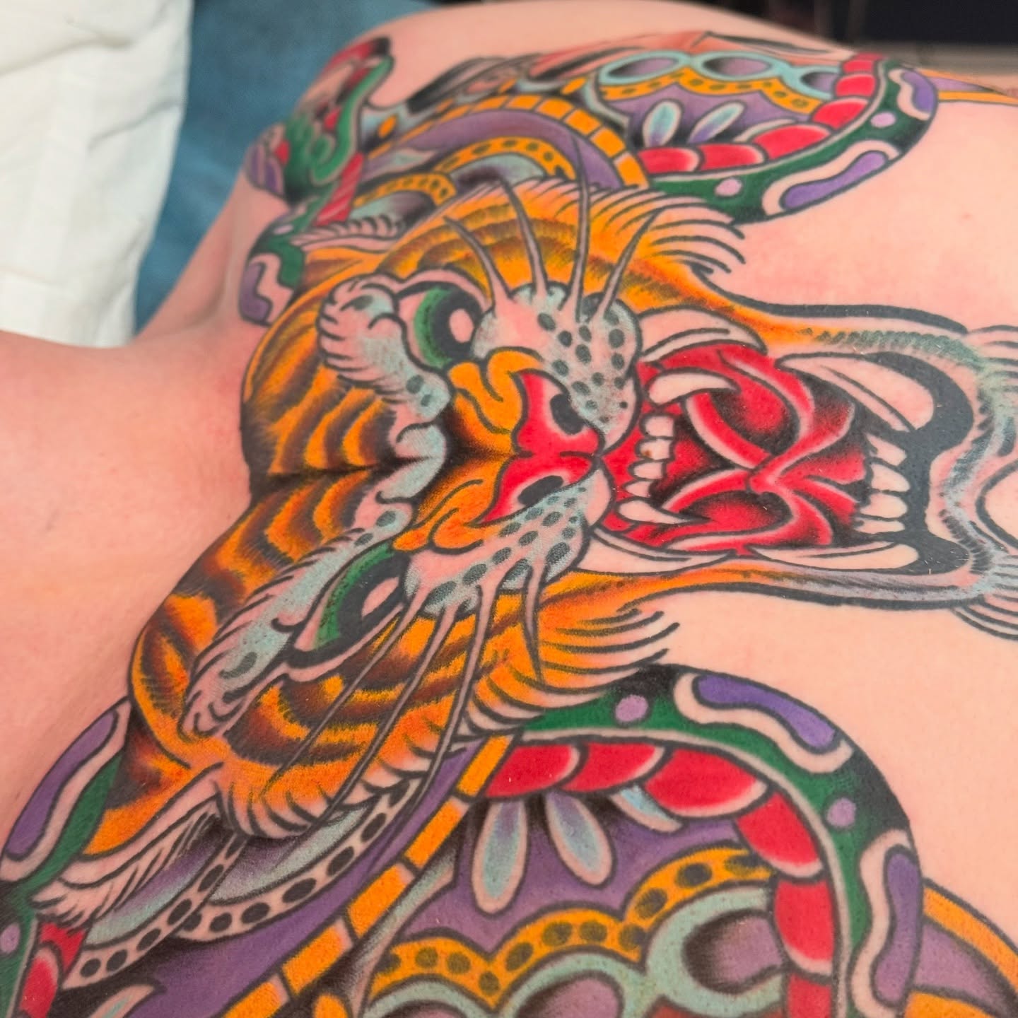 Tiger American traditional tattoo on the chest by Jhon