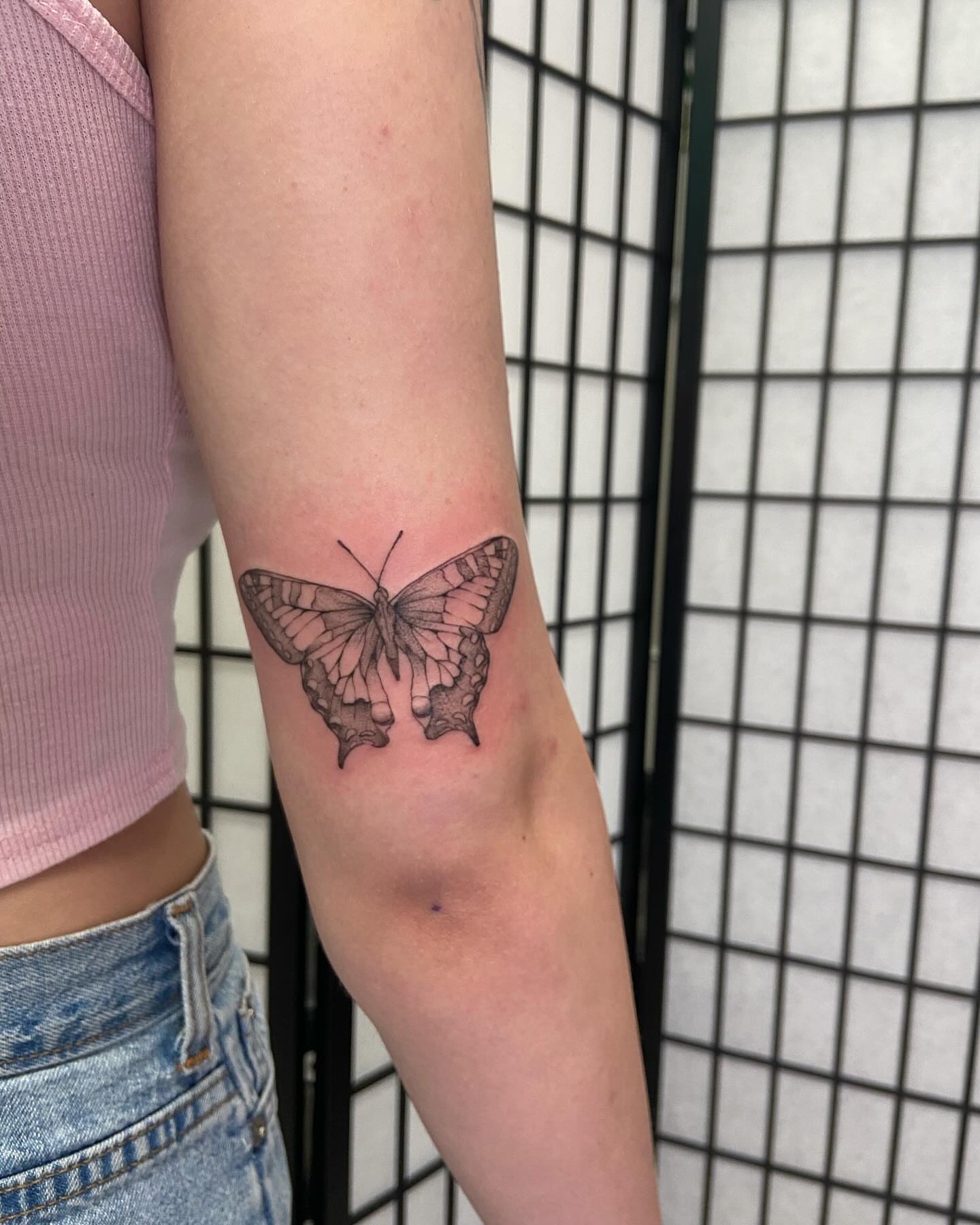 Butterfly black and grey tattoo on the forearm by Libbey June @ Snailberry Studios- NW OHIO
