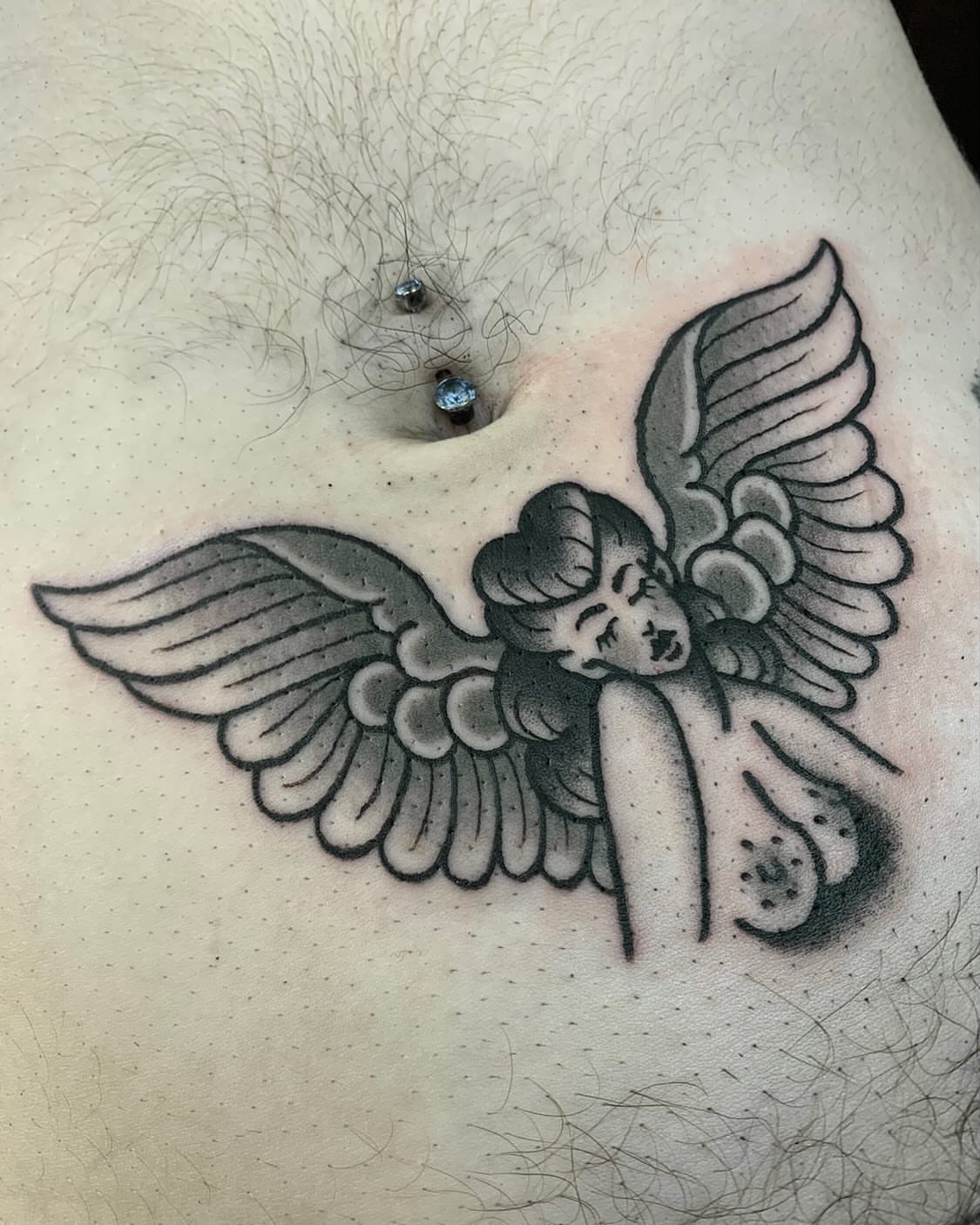 Angel black and grey tattoo on the chest by jay