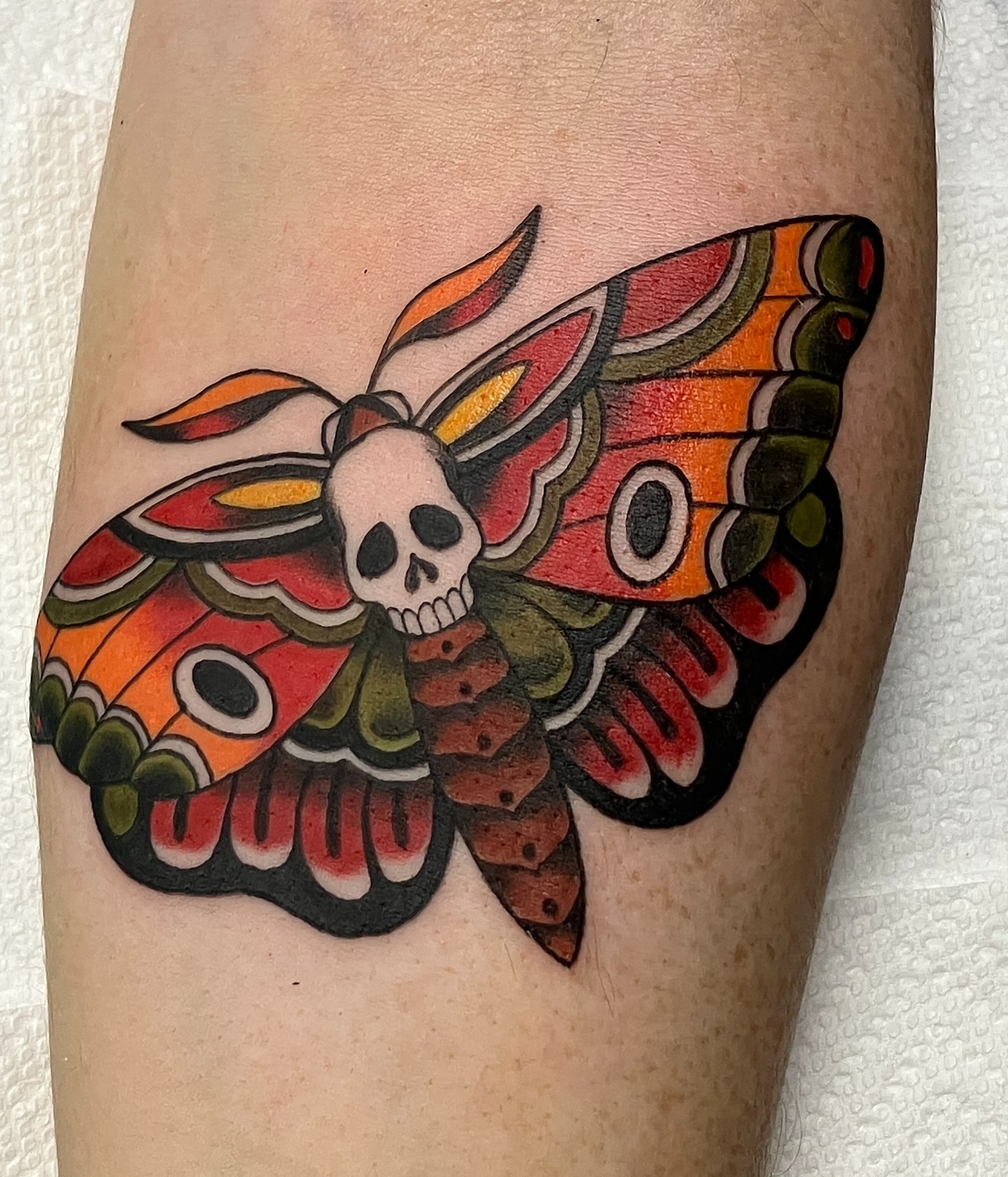 Moth with skull American traditional tattoo on the forearm by Hunter McGinnis