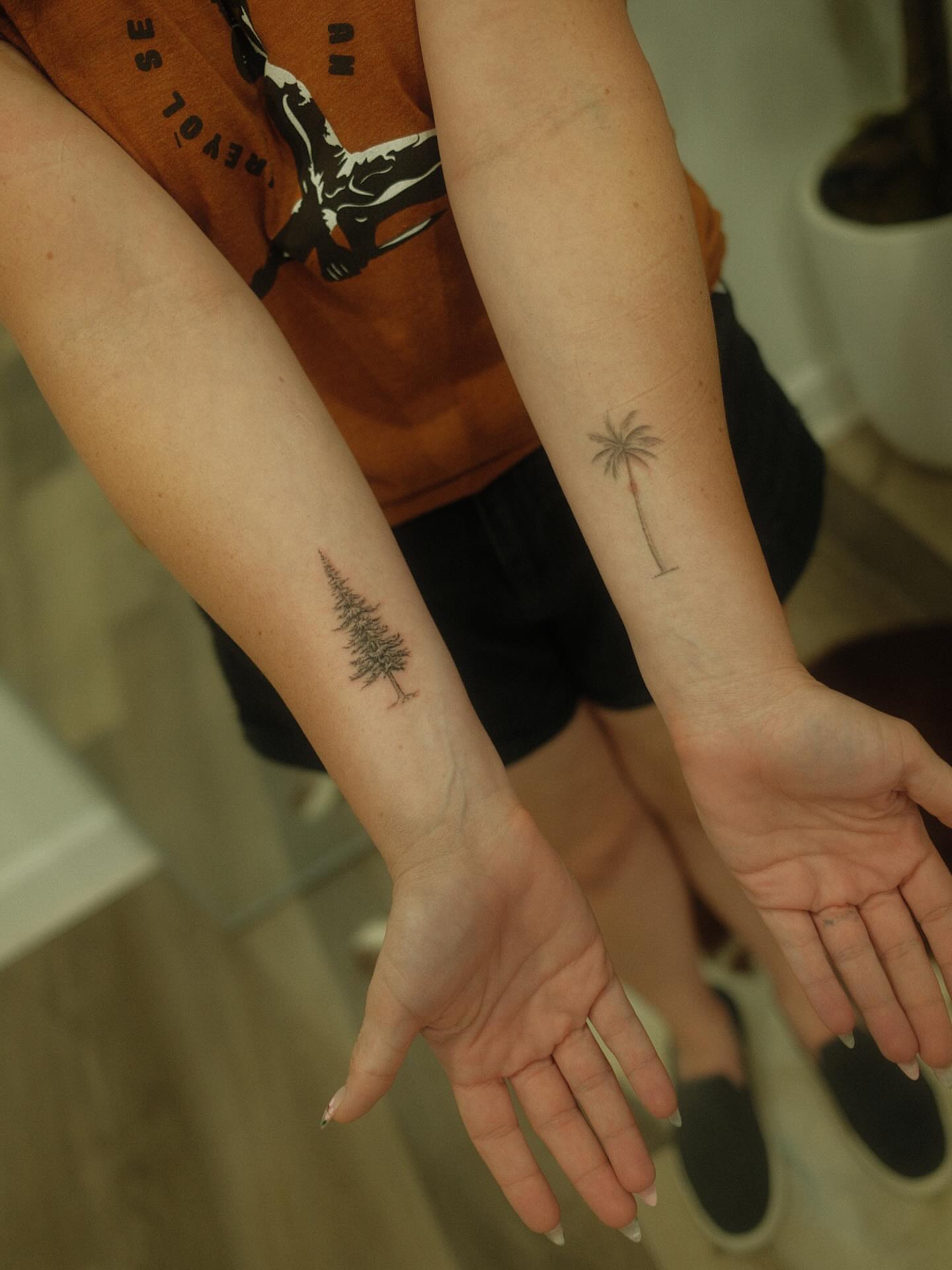 Pine tree and palm tree black and grey tattoo on the forearm by Adriano Bassalo