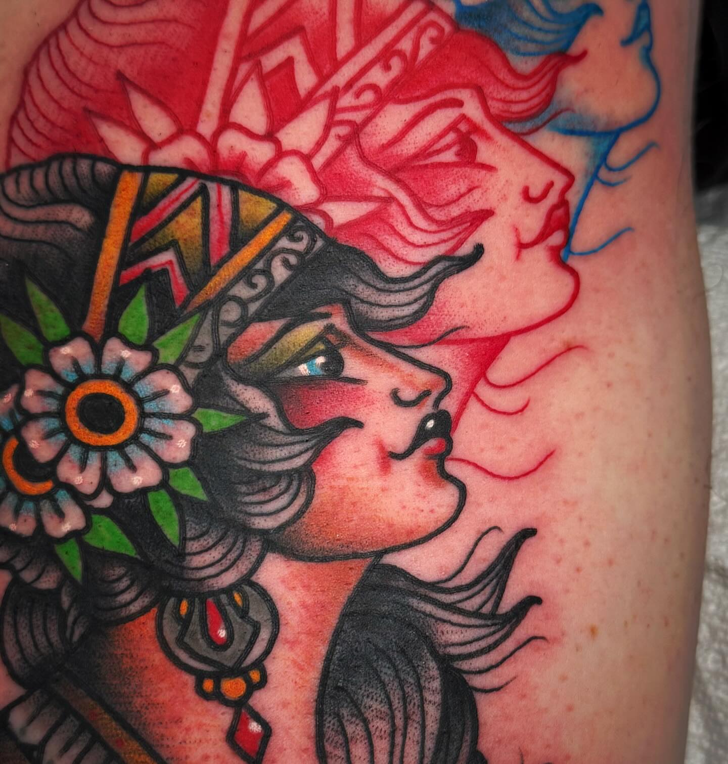 Woman with hat American traditional tattoo on the forearm by Mikey Sarratt
