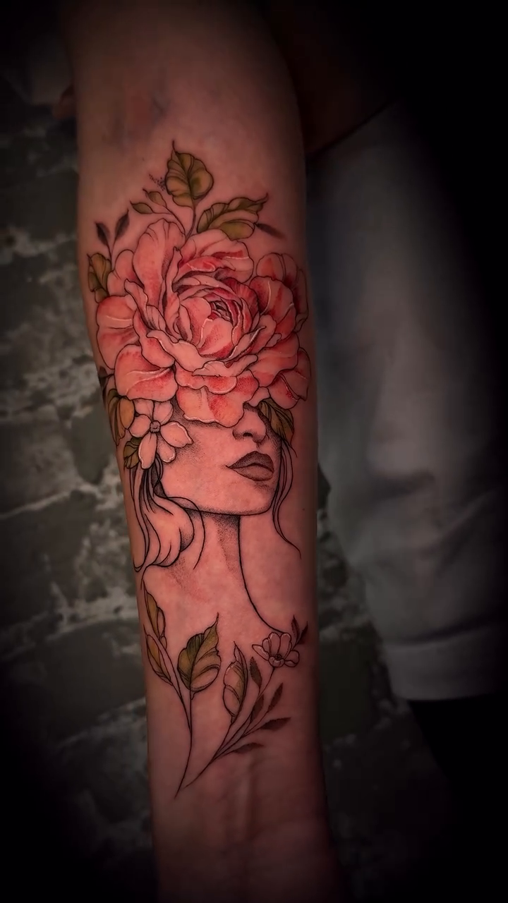 Woman with flower crown neo-traditional tattoo on the forearm by Nyc Tattoo Manhattan