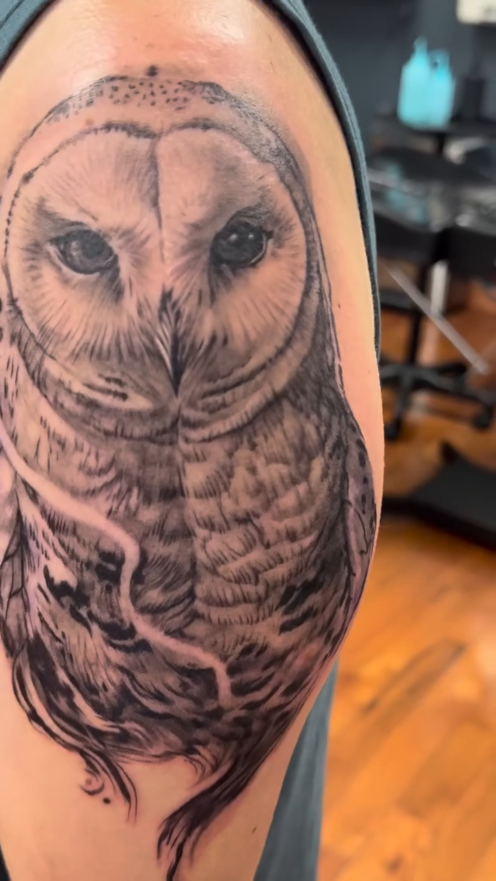 Barn owl realism tattoo by Hori Shit