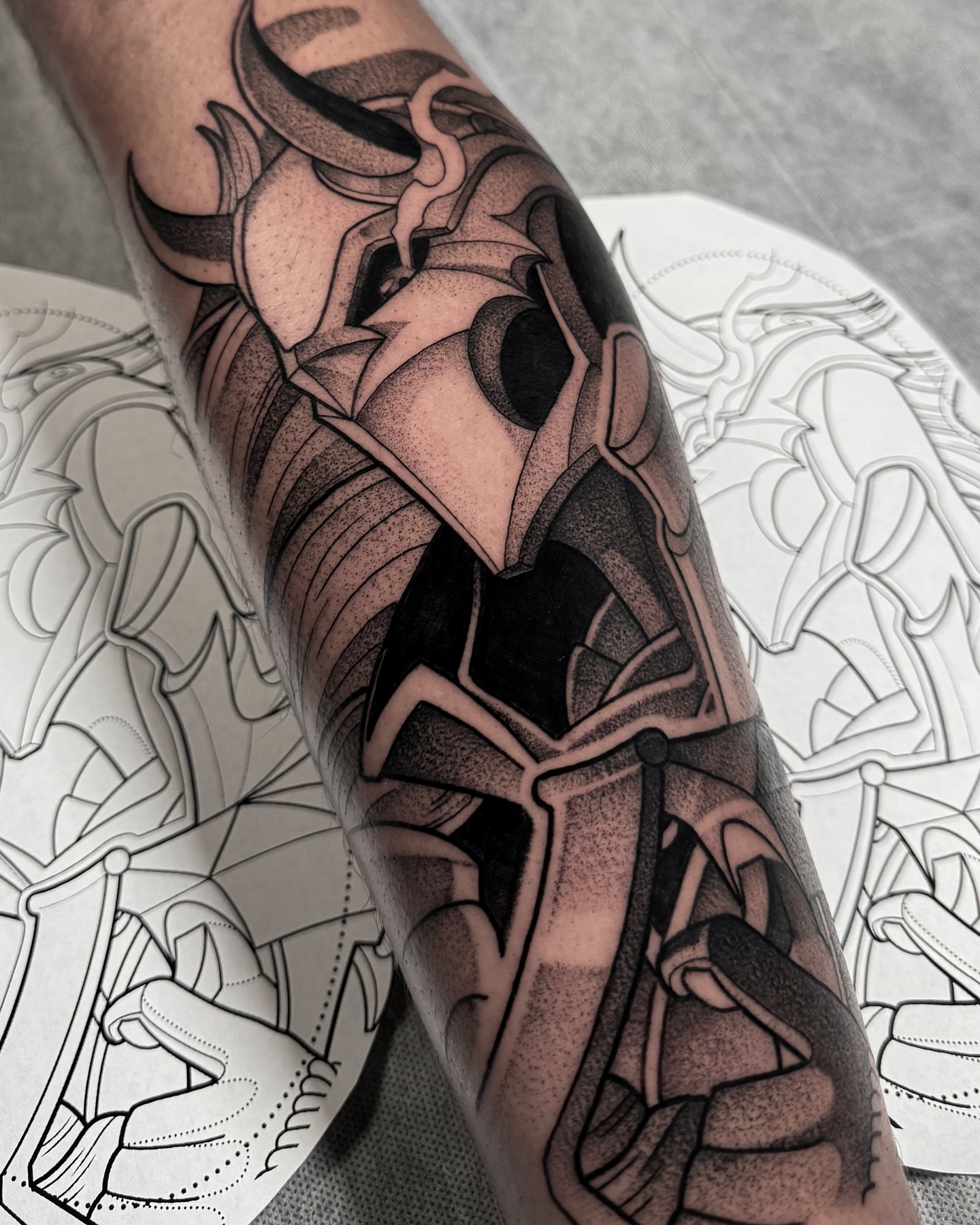 Mecha armor geometric tattoo on the forearm by Yakir, Houston, Texas