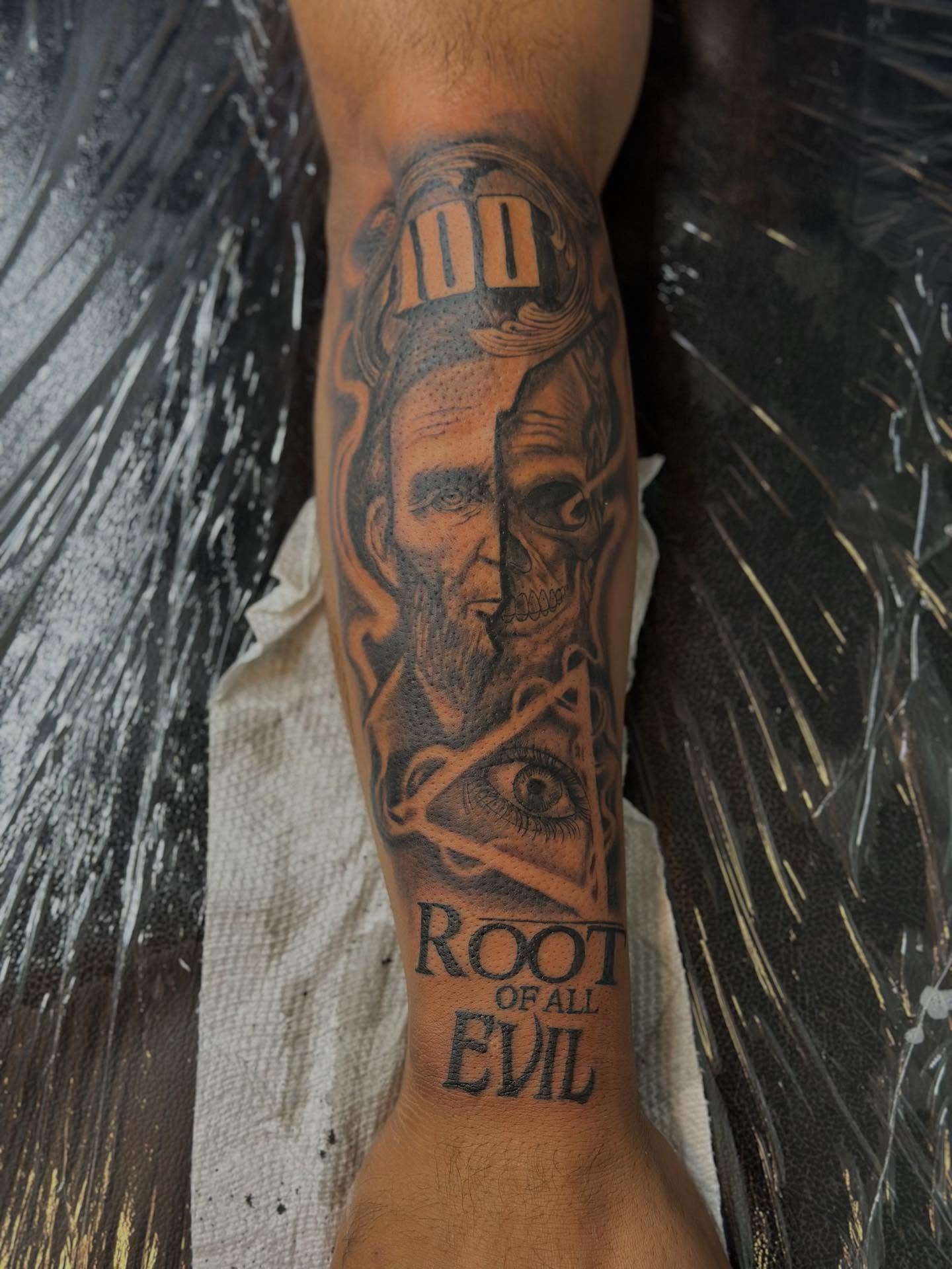 Abraham lincoln realism tattoo on the forearm by Inked By E, Philadelphia, Pennsylvania