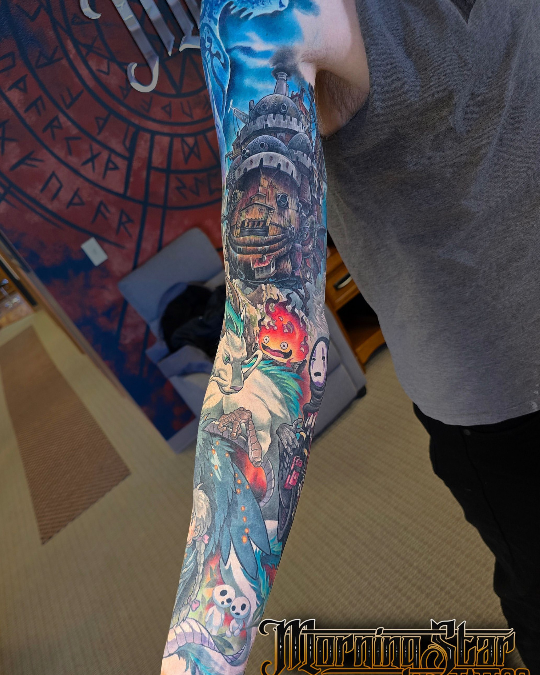Howl's moving castle anime tattoo on the forearm by Alexander L. Wolff, Rapid City, South Dakota