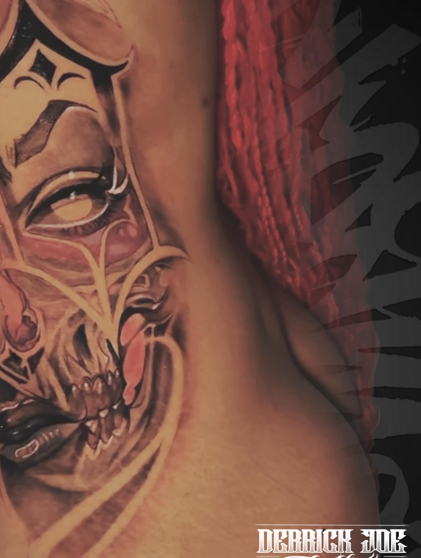 Mask with tentacles dark realism tattoo on the shoulder by Derrick Joe tattoos