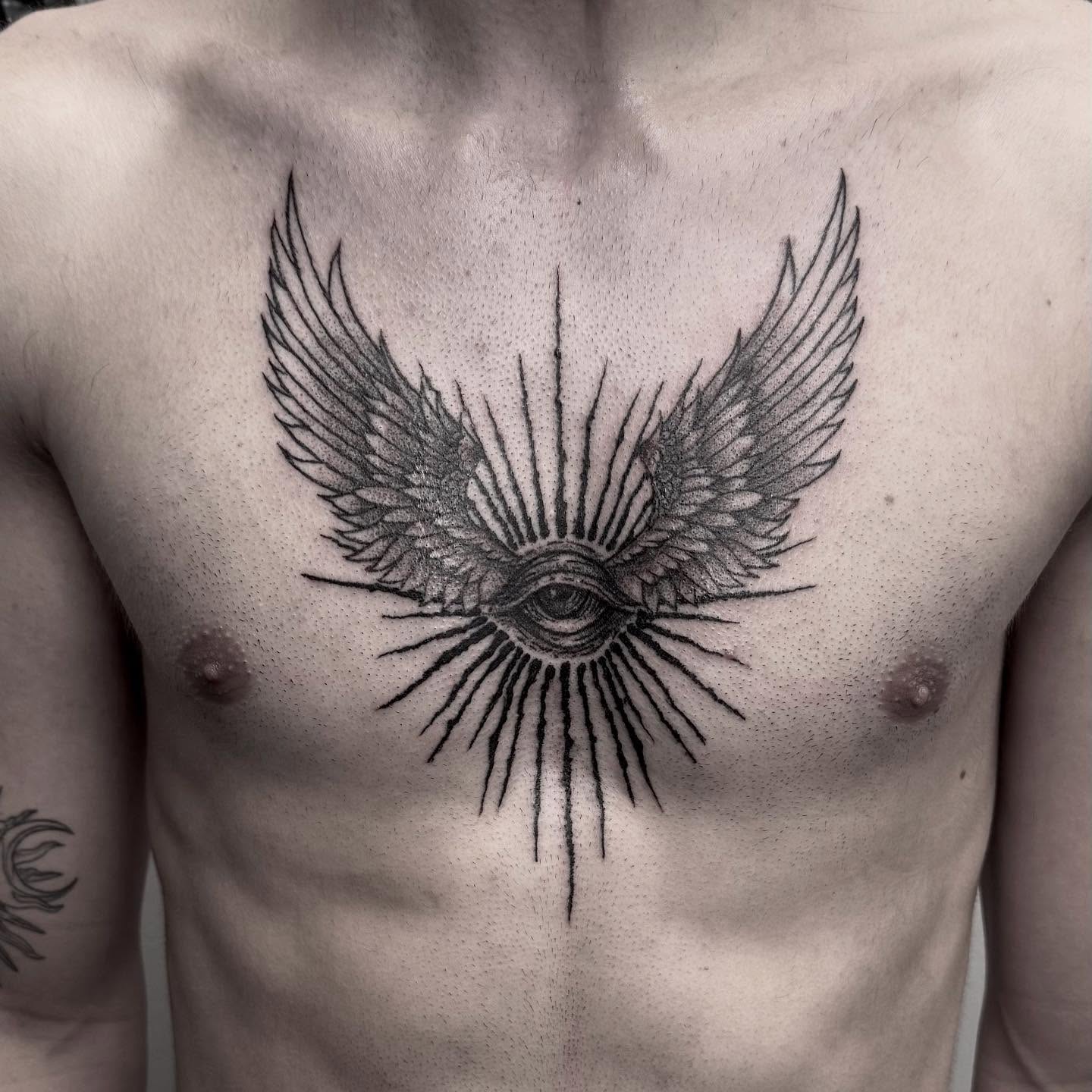 Tattoo by @gutsandink — dotwork, geometric