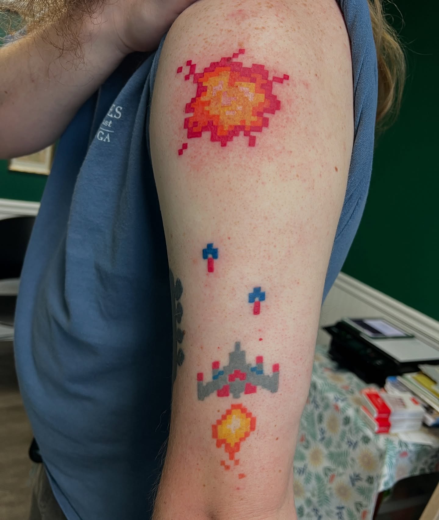 Pixel art tattoo on the forearm by Cortnie, Nashville, Tennessee