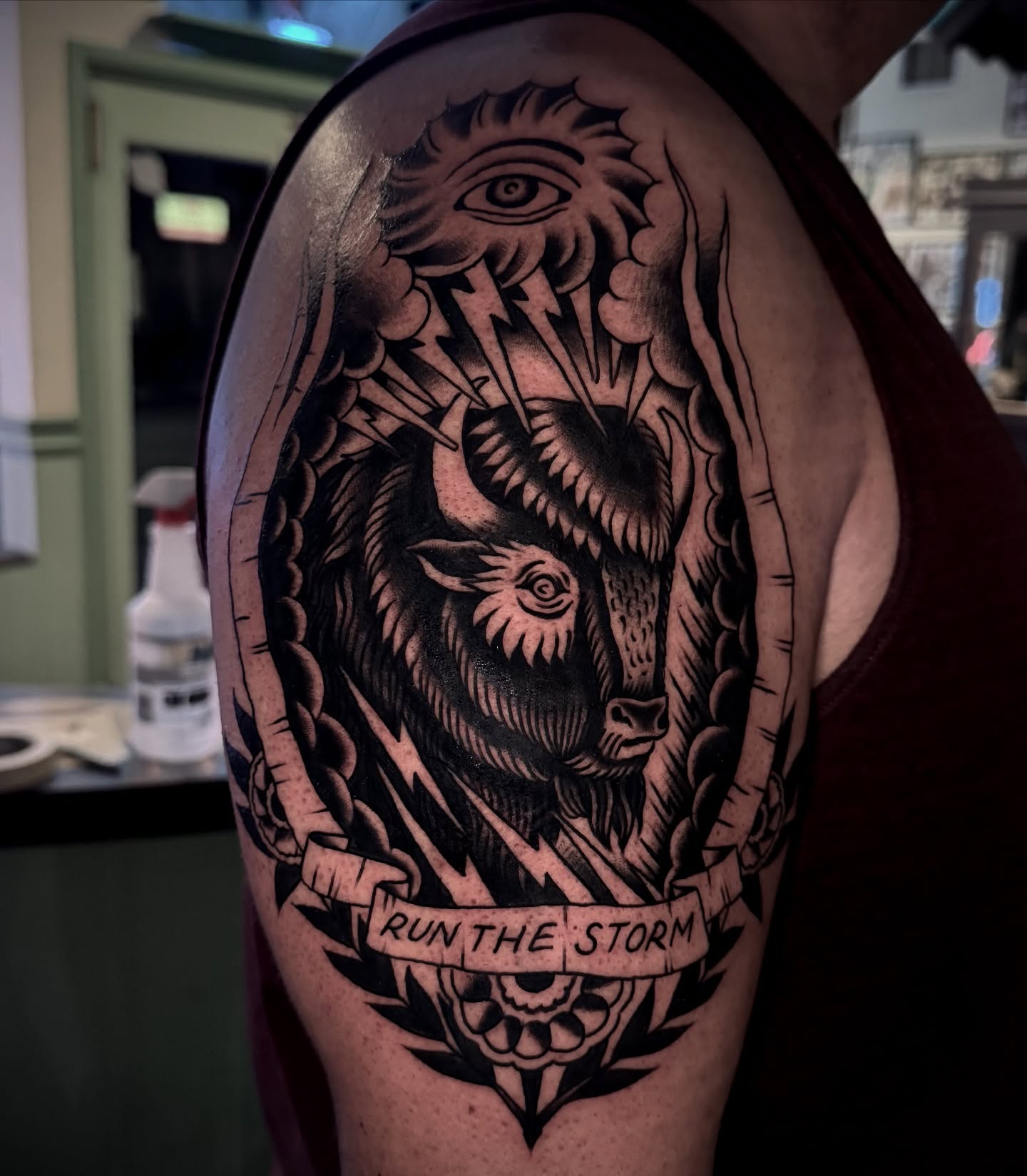 Storm American traditional tattoo on the shoulder by Pavel